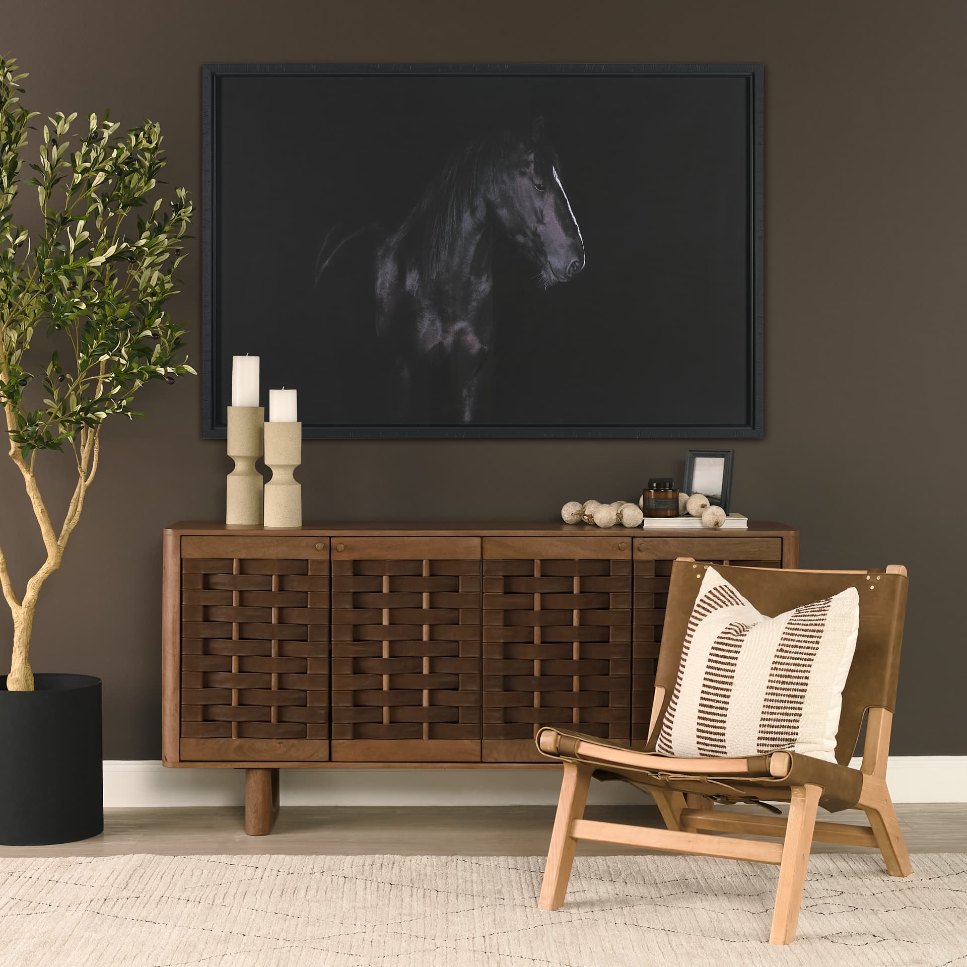 Wexlan Solid Wood w/ Leather Weave 4 Door Closed Sideboard — in a styled room