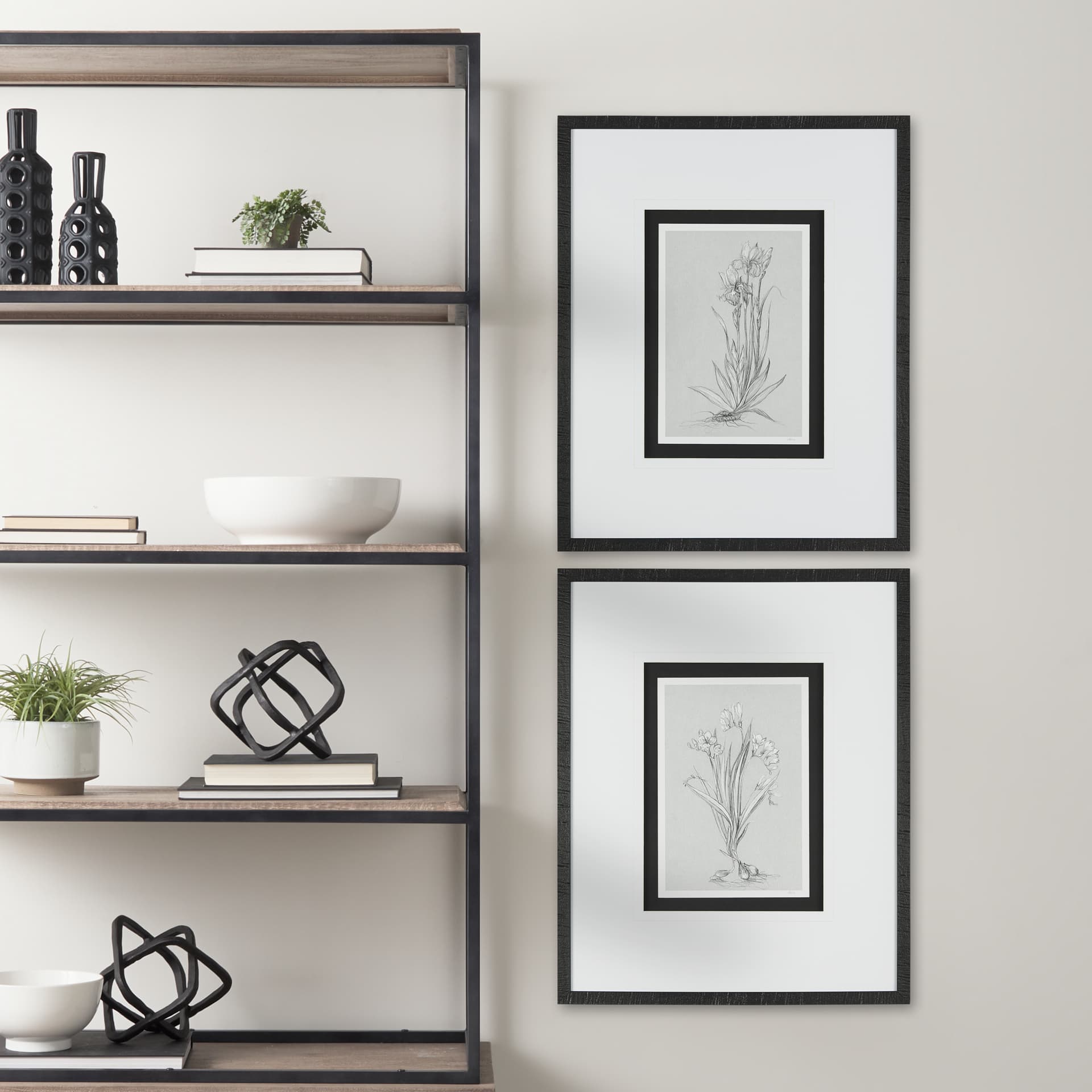 Botanical sketches IV (Grey) by Mercana Studio Hand Embellished Framed Art Print Matted under Glass — in a styled room
