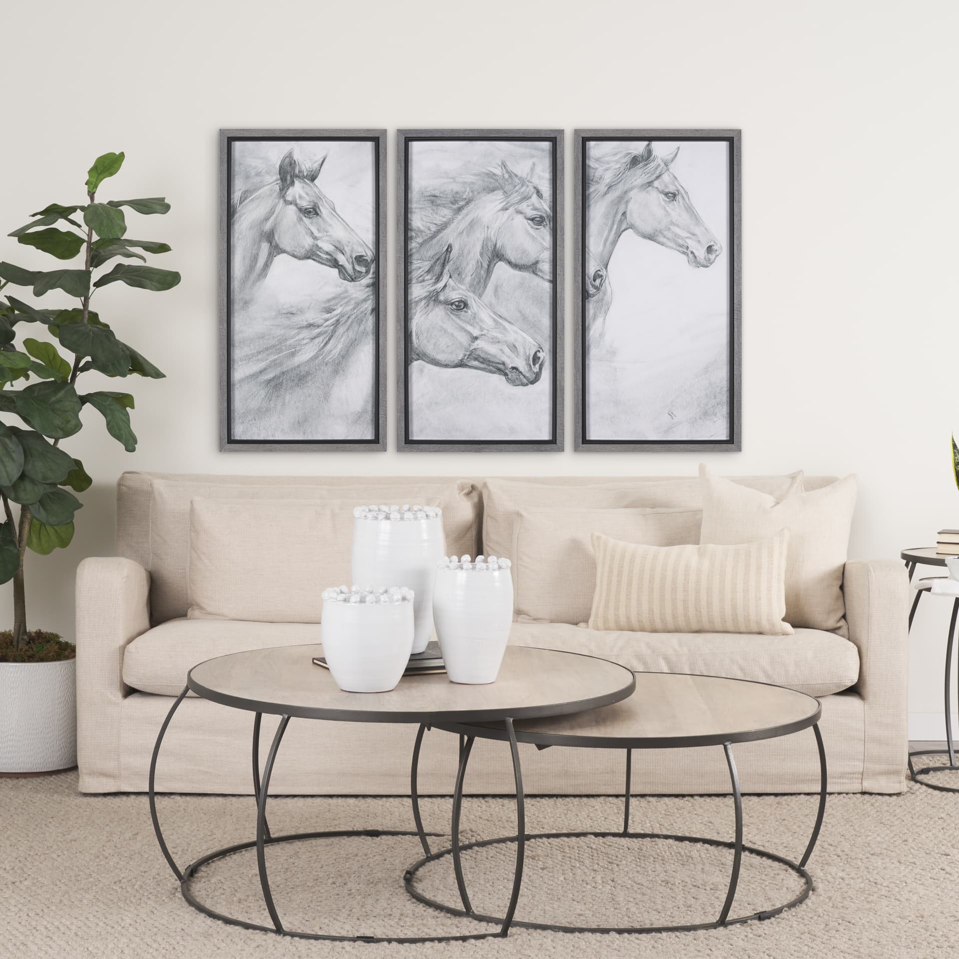Running Horses (set of 3) by Mercana Studio a Hand Embellished Textured Framed Art Print — in a styled room