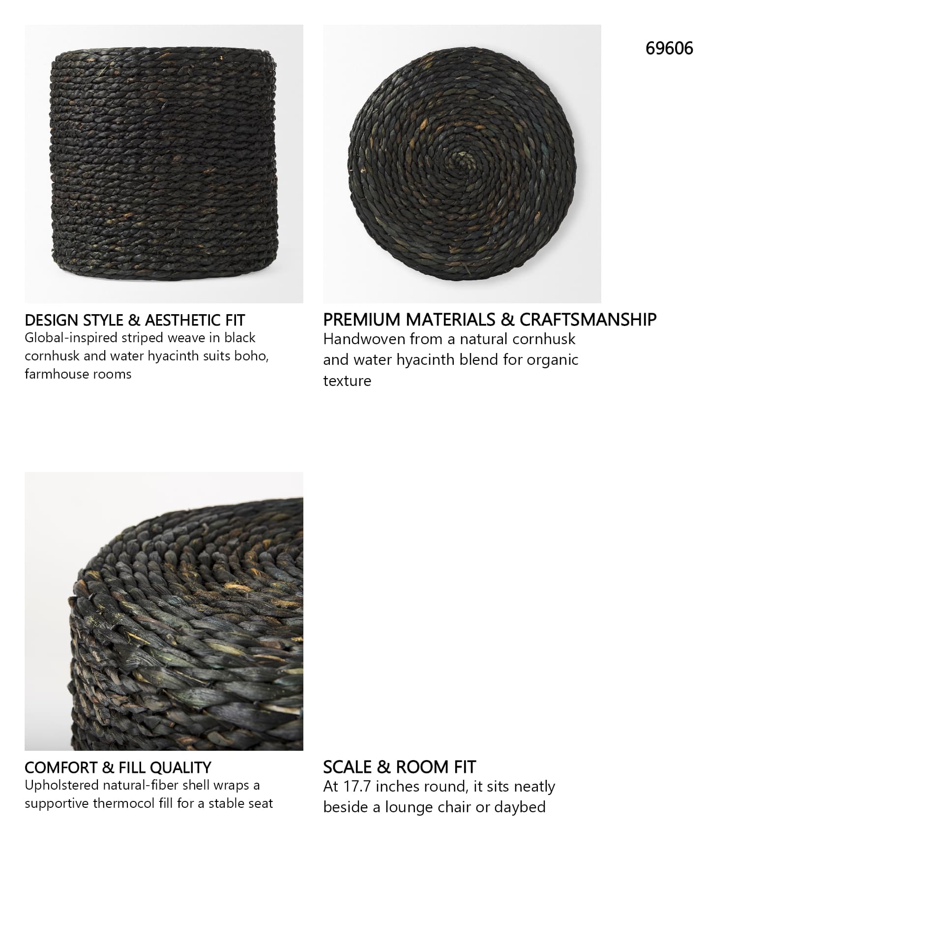 Dina 17.7L x 17.7W x 17.7H Black Cornhusk and Water Hyacinth Round Pouf — in a styled room