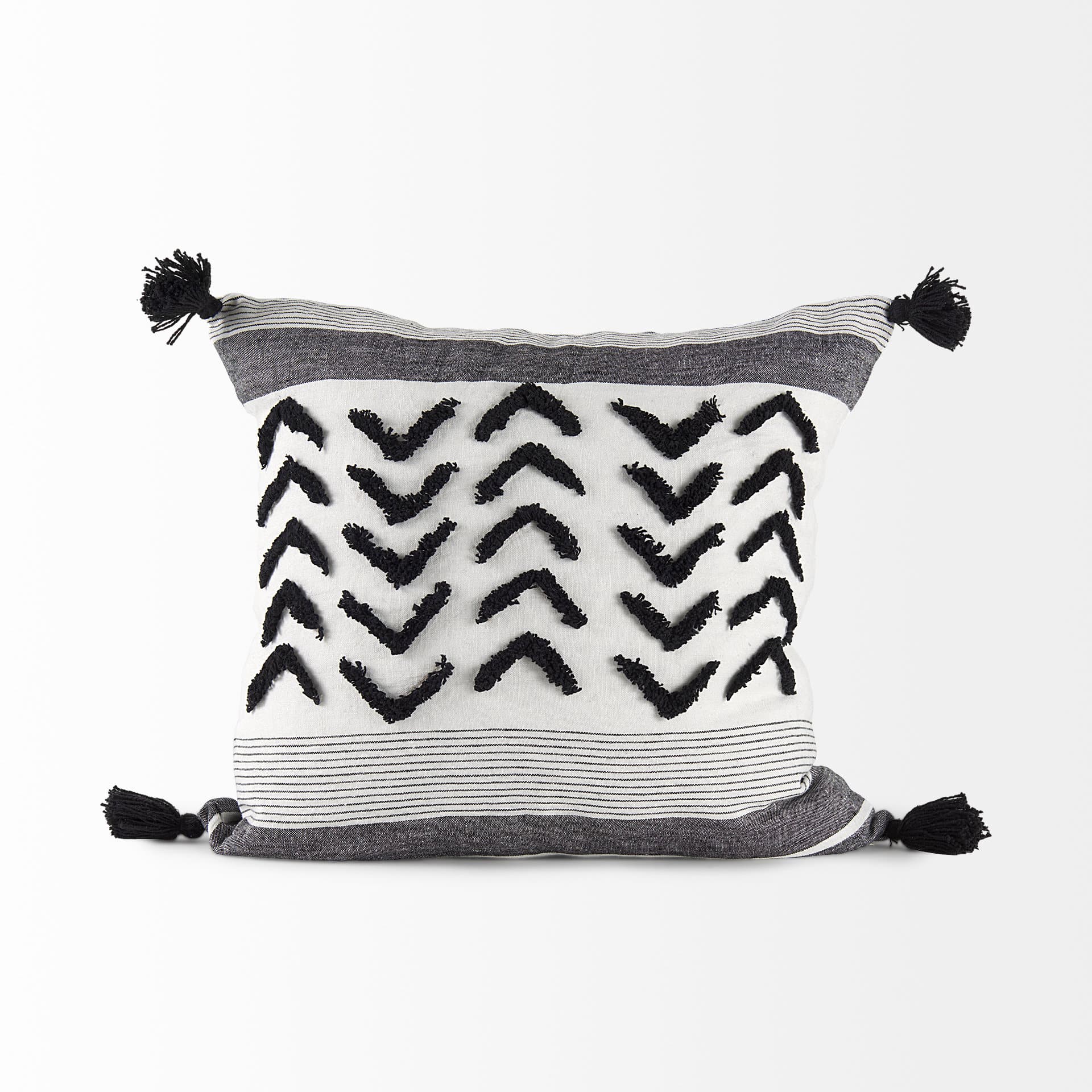 Kimia 20x20 White/Black Fabric Herringbone w/Fringed Pillow Cover — product photograph