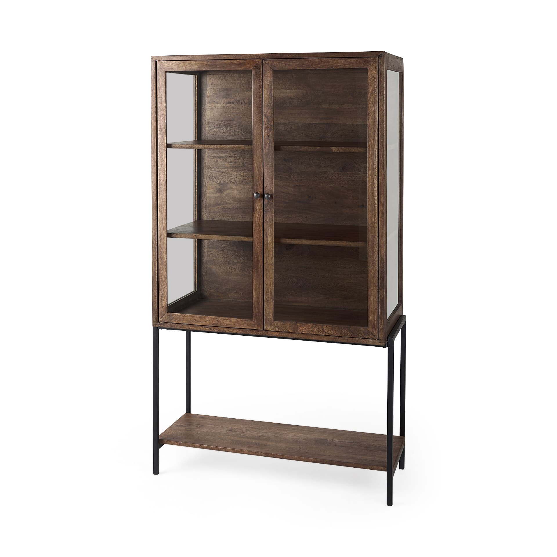 Arelius 36L x 18.75W x 63H Medium Brown Wood W/ Black Metal Base Display Cabinet — product photograph