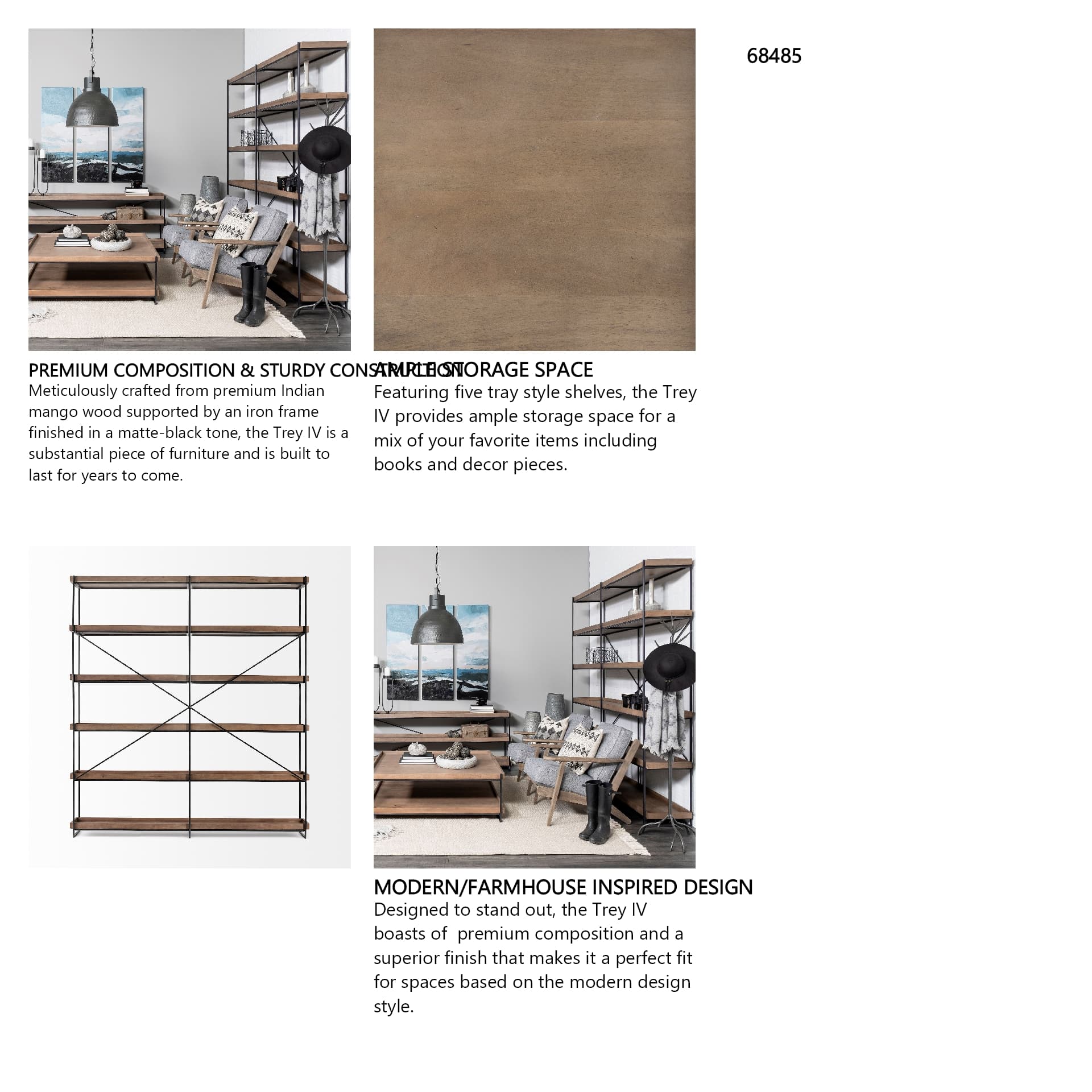 Trey IV 80L x 16W x 87.5H Medium Brown Wood and Iron Five Tray Shelf Shelving Unit — in a styled room