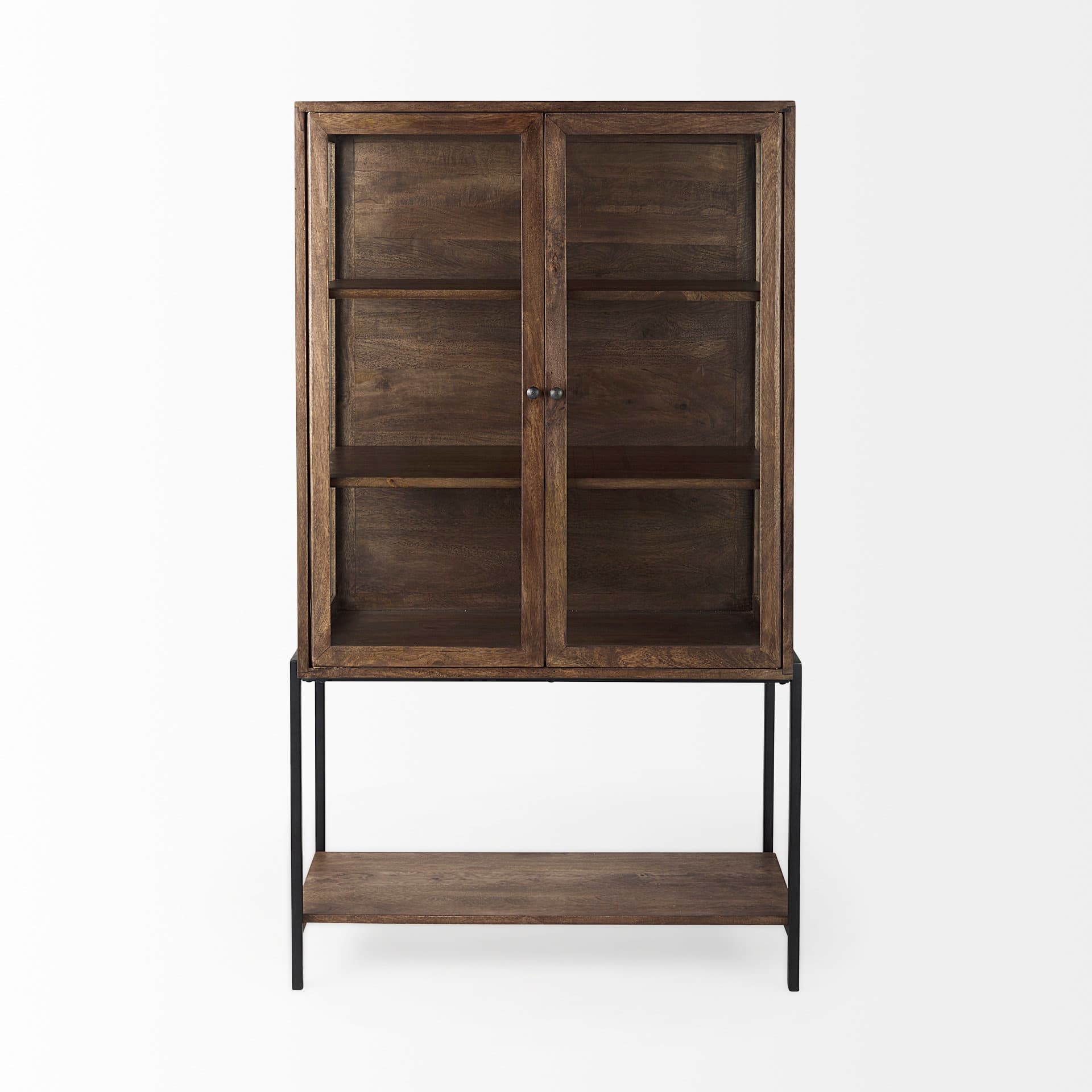 Arelius 36L x 18.75W x 63H Medium Brown Wood W/ Black Metal Base Display Cabinet — product photograph