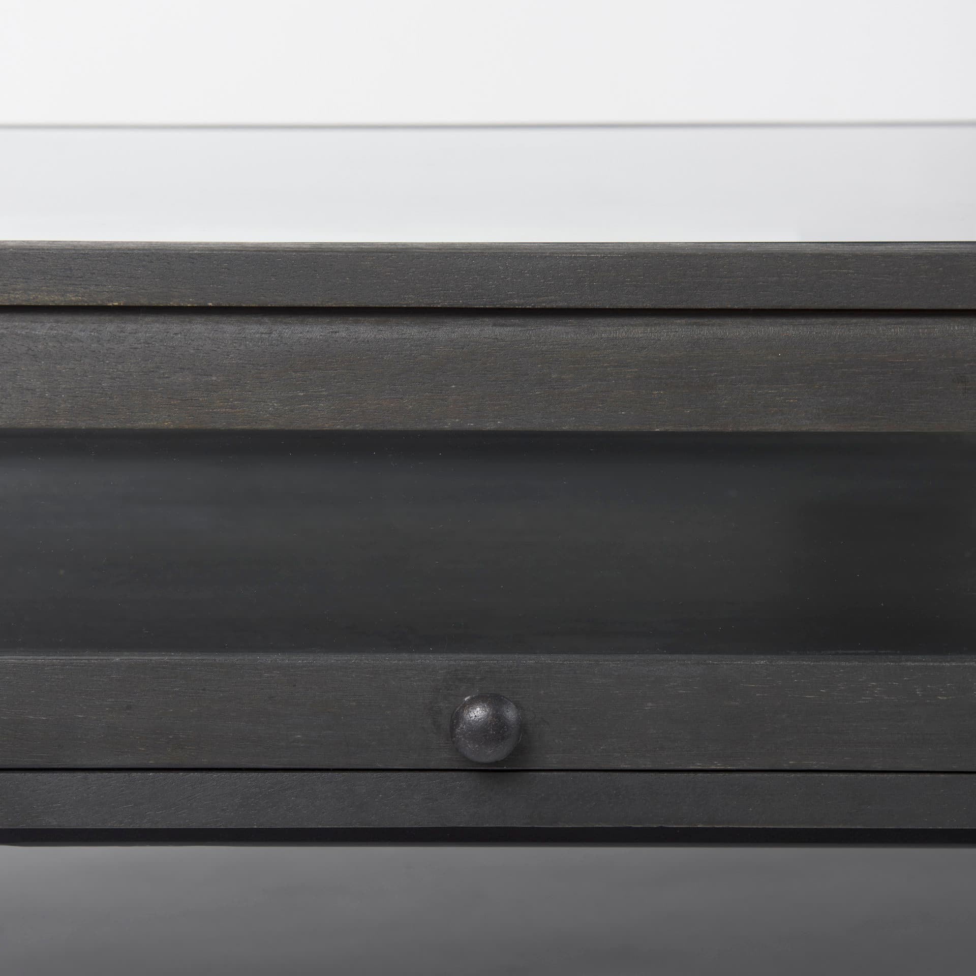 Arelius 49.5"L Rectangular Glass-Top Black-Brown Wood w/ Black Metal Base Display Coffee Table — product photograph