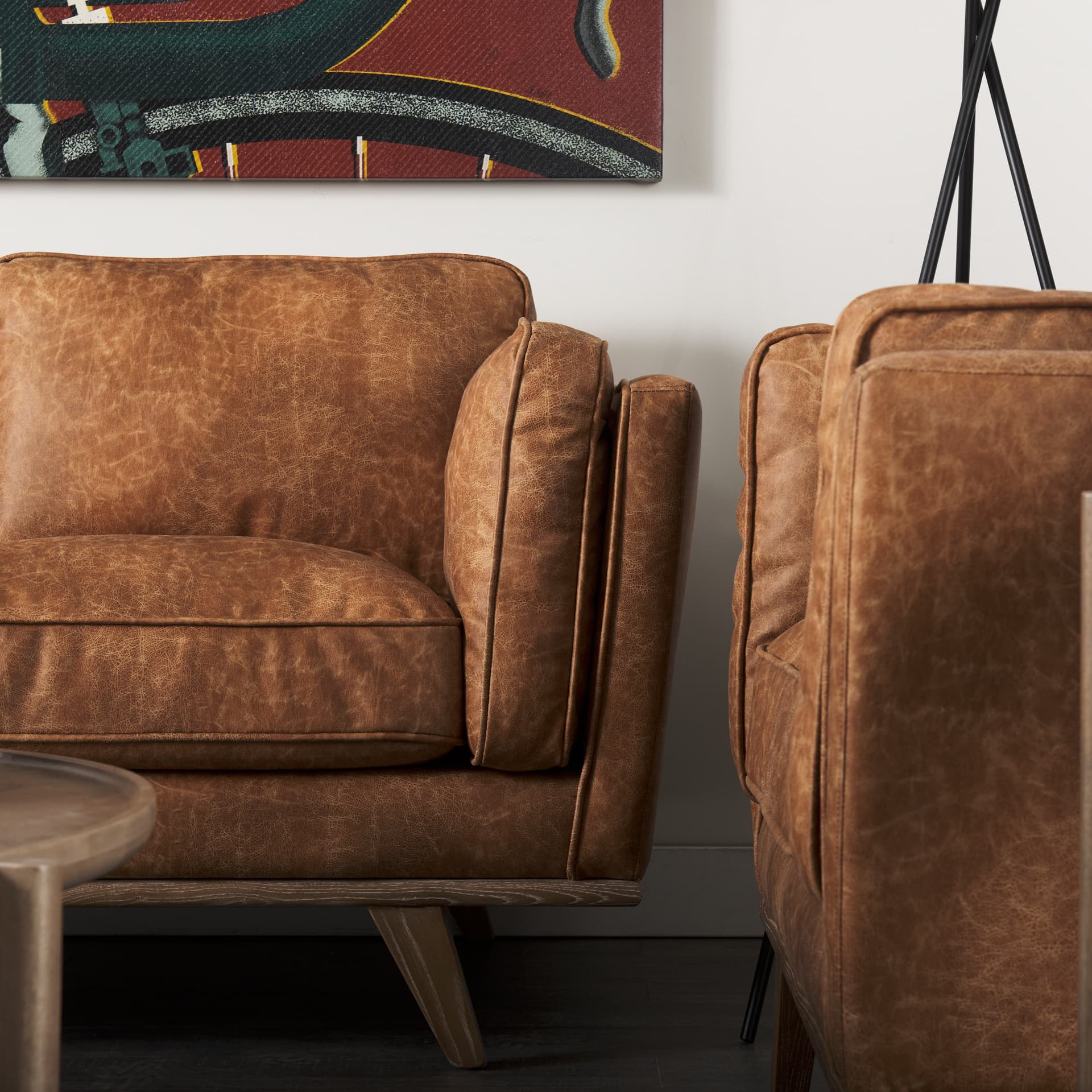 Brooks 90.2L x 34.8W x 33.5H Cognac Brown Faux Leather Three Seater Sofa W/ Medium Brown Wooden Legs — product photograph