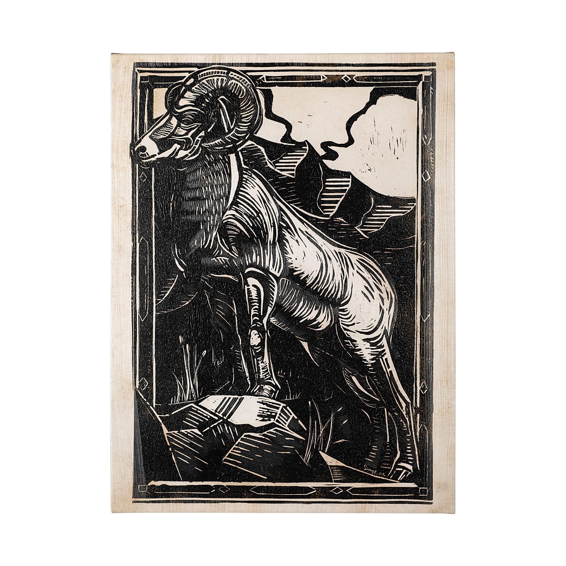 Linocut II (Goat) by Mercana Studio a Hand Embellished Textured Canvas — product photograph