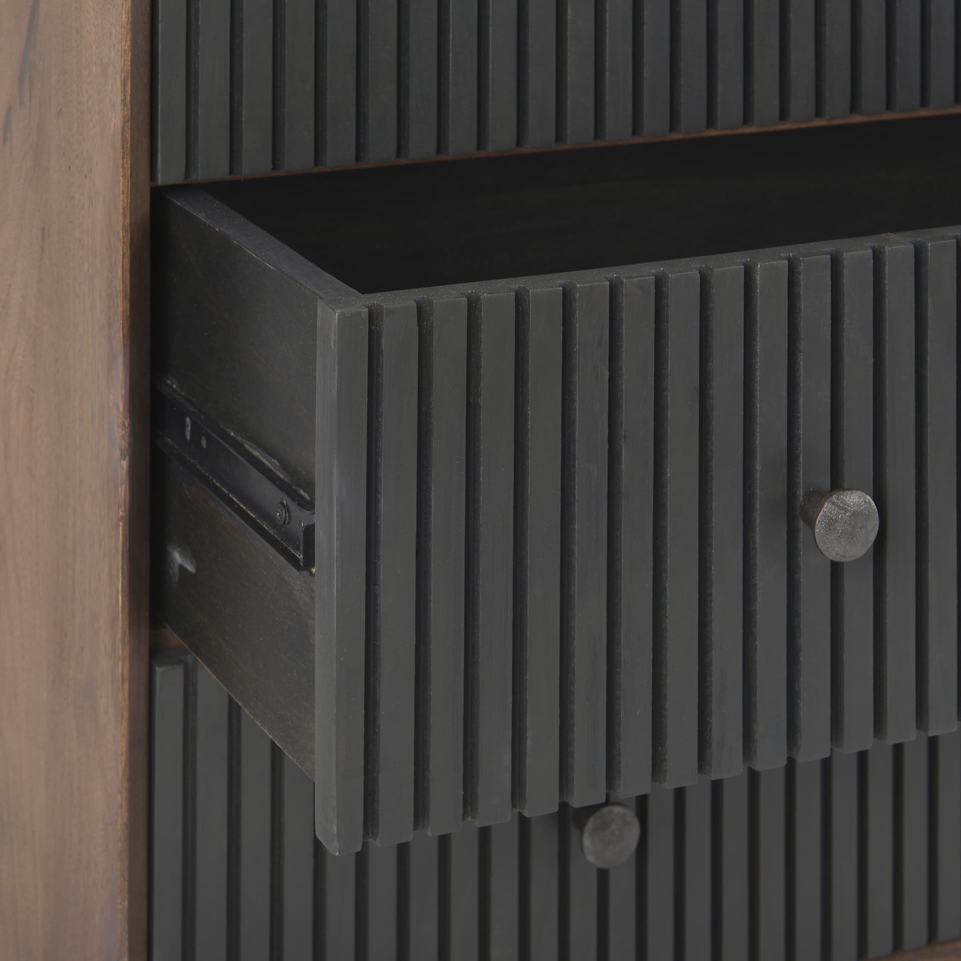 Grace 35.5L x 18.0W x 31.0H Medium Brown Wood W/Black Metal Frame 3 Drawer Accent Cabinet — product photograph