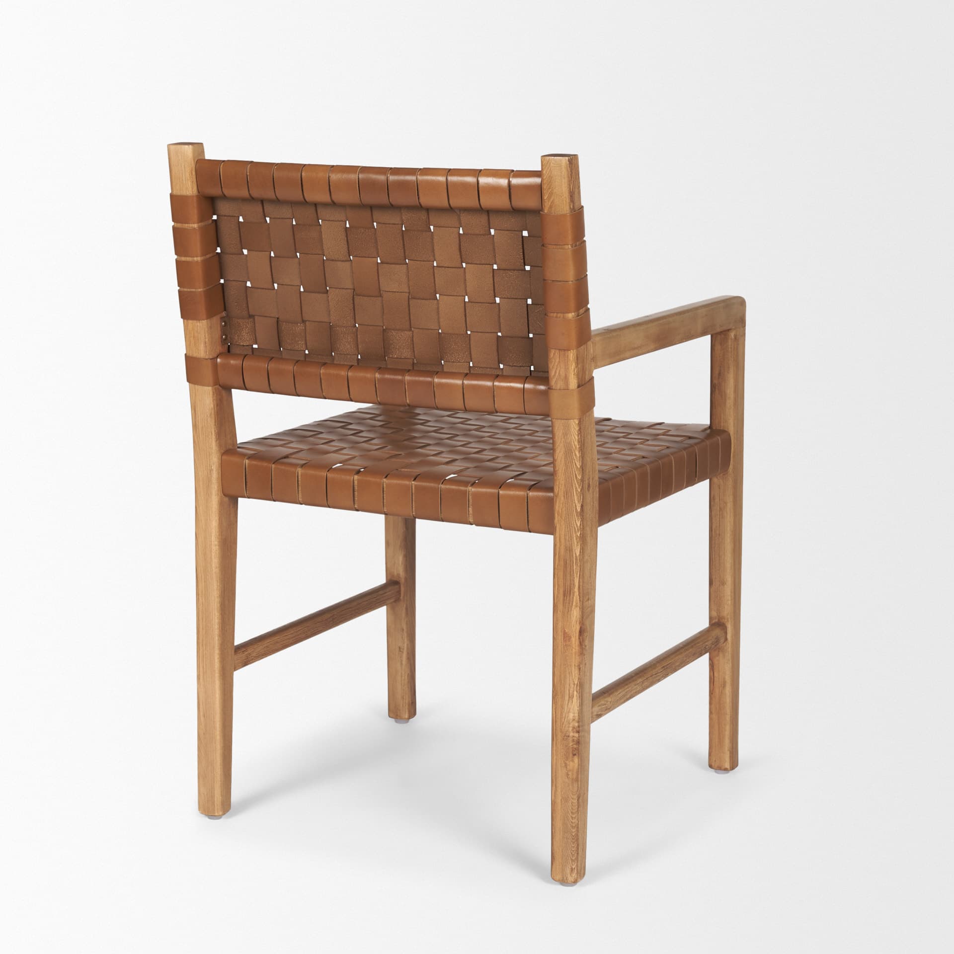 Shane Curved Back Dining Arm Chair | Woven Brown Leather w/ Brown Wood — product photograph