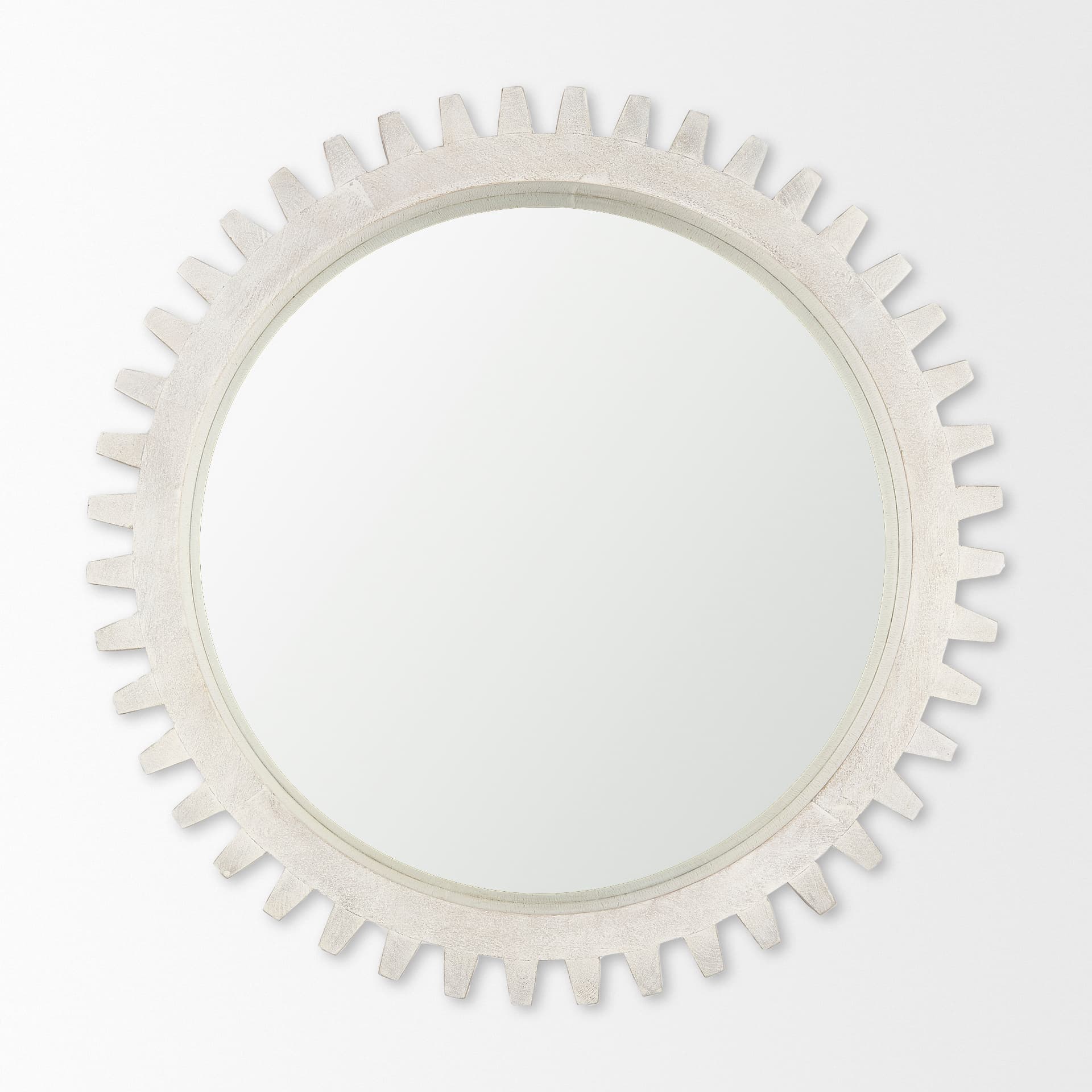 Sundance Cog 35.5" Round Whitewashed Wood Frame Mirror — product photograph