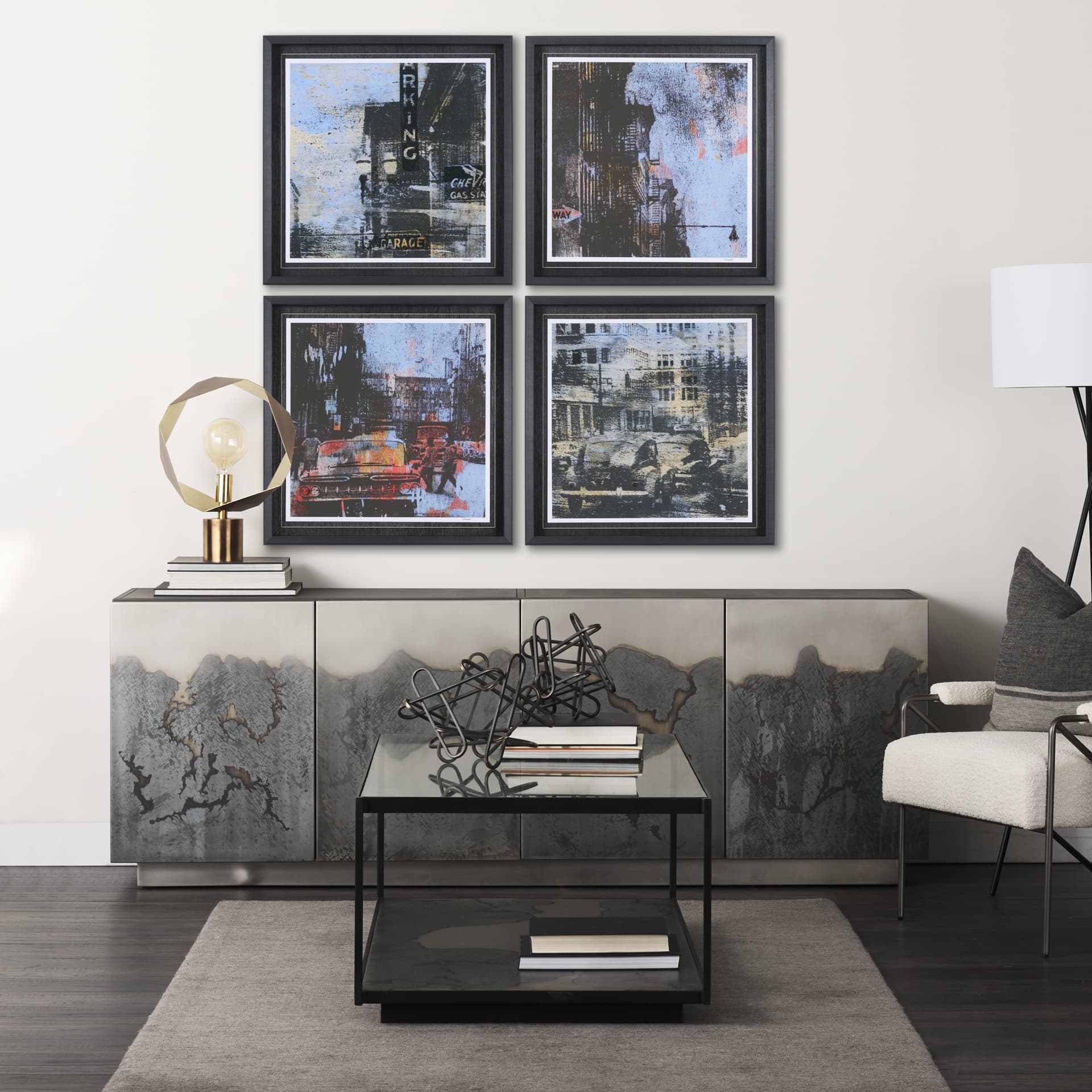 City Vibe I by Mercana Studio a Hand Embellished Textured Framed Art Print Matted under Glass — in a styled room