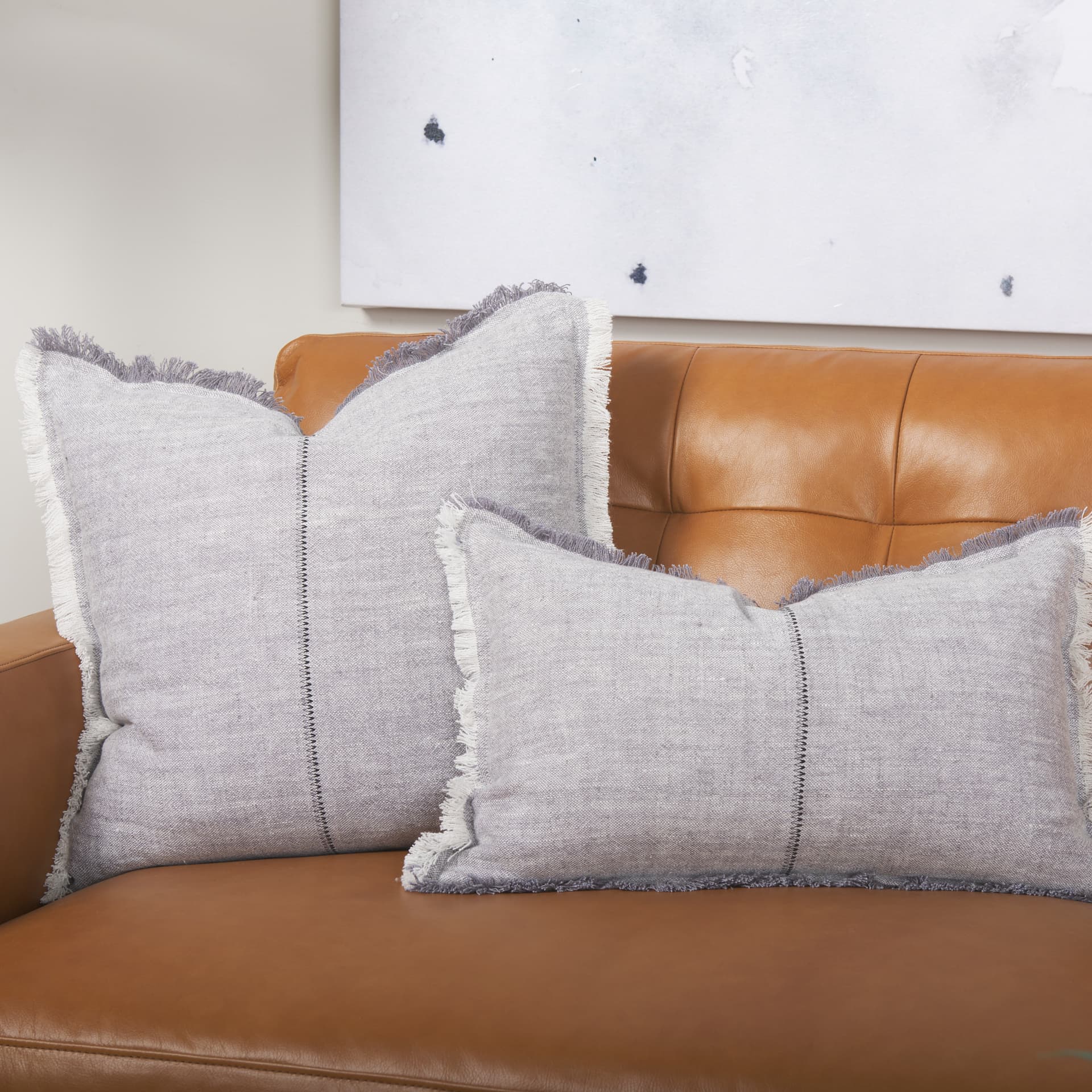 Thais 13x21 Gray Fabric Fringed Pillow Cover w/Down Filler — product photograph