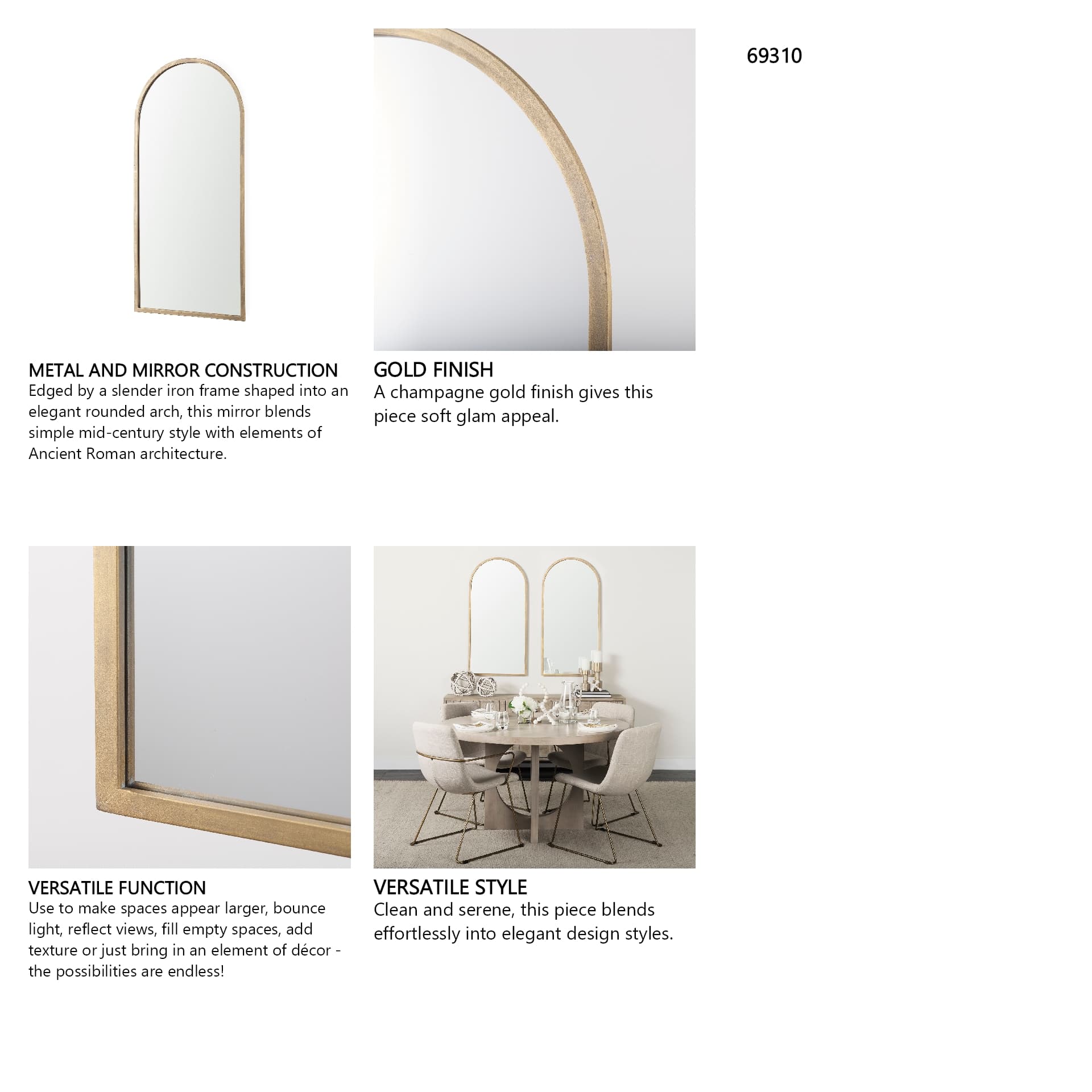 Giovanna 23.6L x 1.2W x 48.8H Gold Metal Frame Rounded Arch Vanity Mirror — product photograph