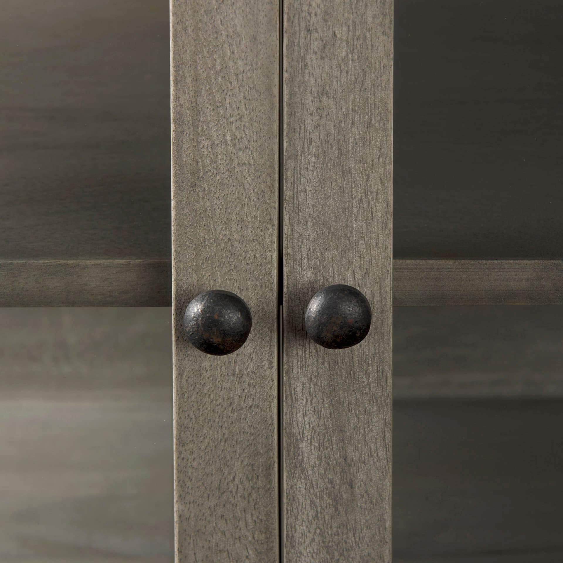 Arelius 36L x 18W x 32H Gray Wood, Black Metal Base w/ 2 Glass Doors Accent Cabinet — product photograph