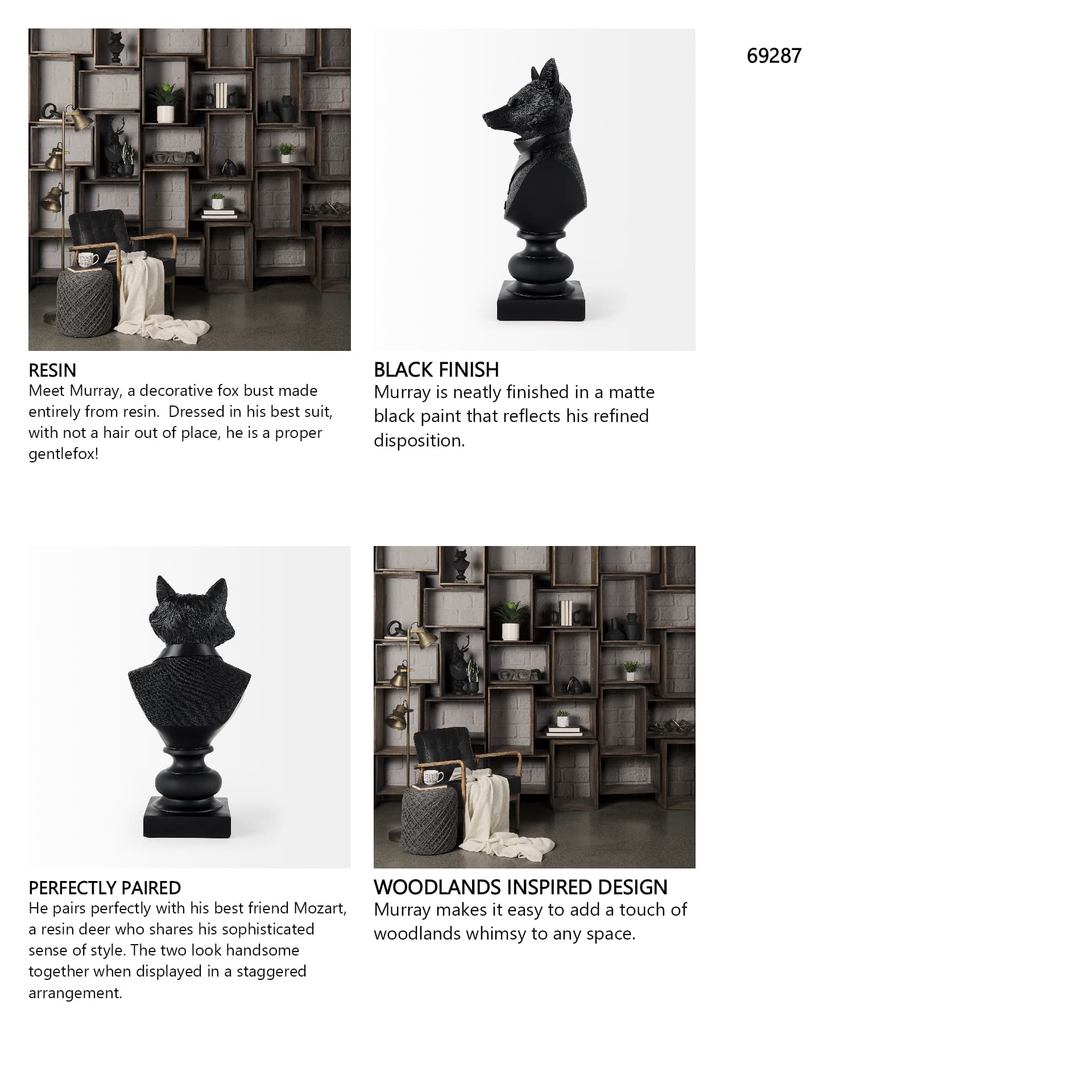 Murray 13H Black Painted Resin Fox in a Suit Bust — in a styled room