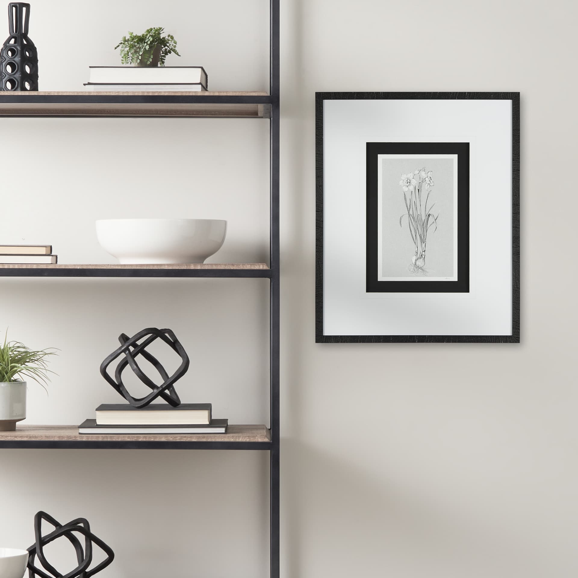 Botanical sketches II (Grey) by Mercana Studio Hand Embellished Framed Art Print Matted under Glass — in a styled room