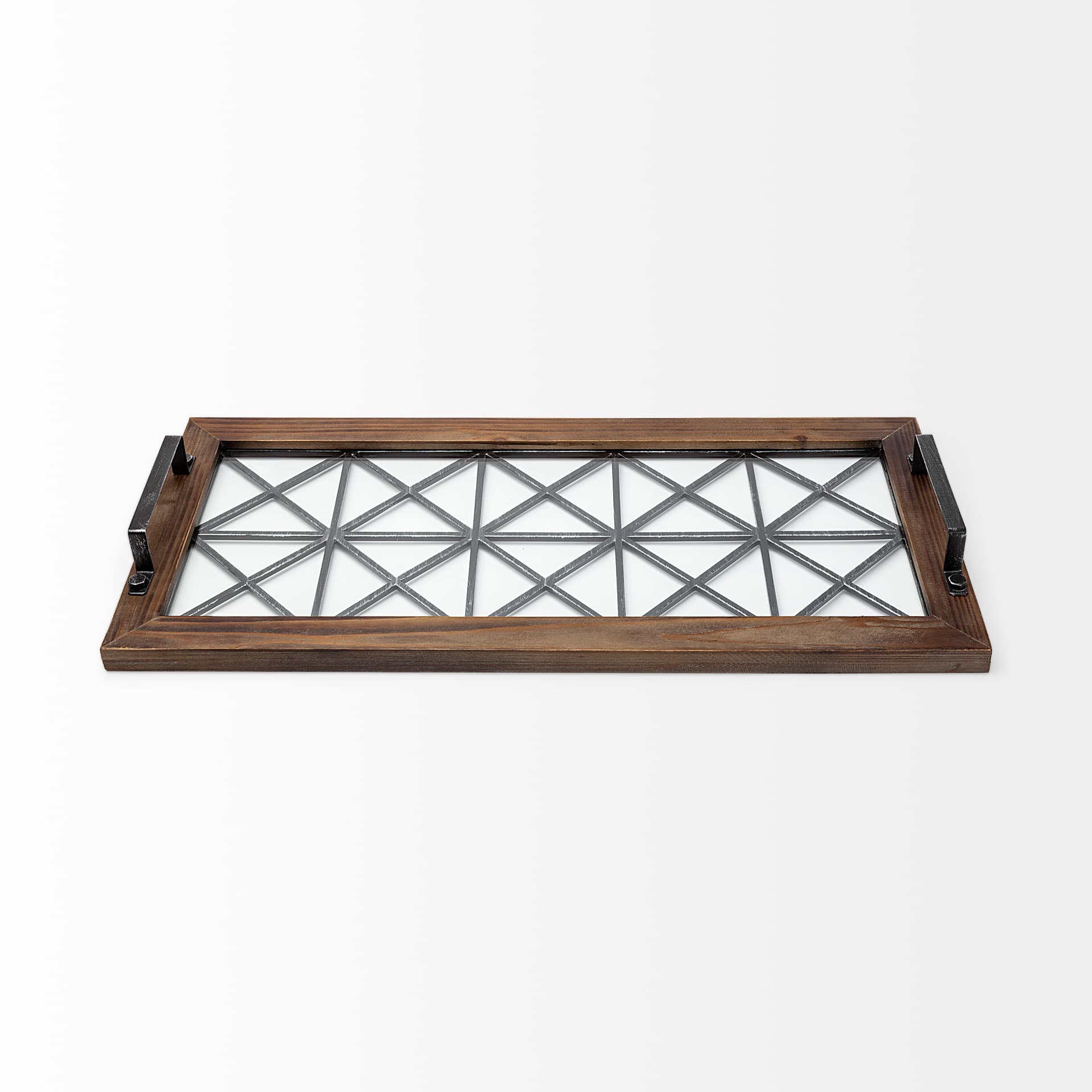 Ellingson 28L x 13W Black Rectangular Metal Glass Wood Bottom Tray — product photograph
