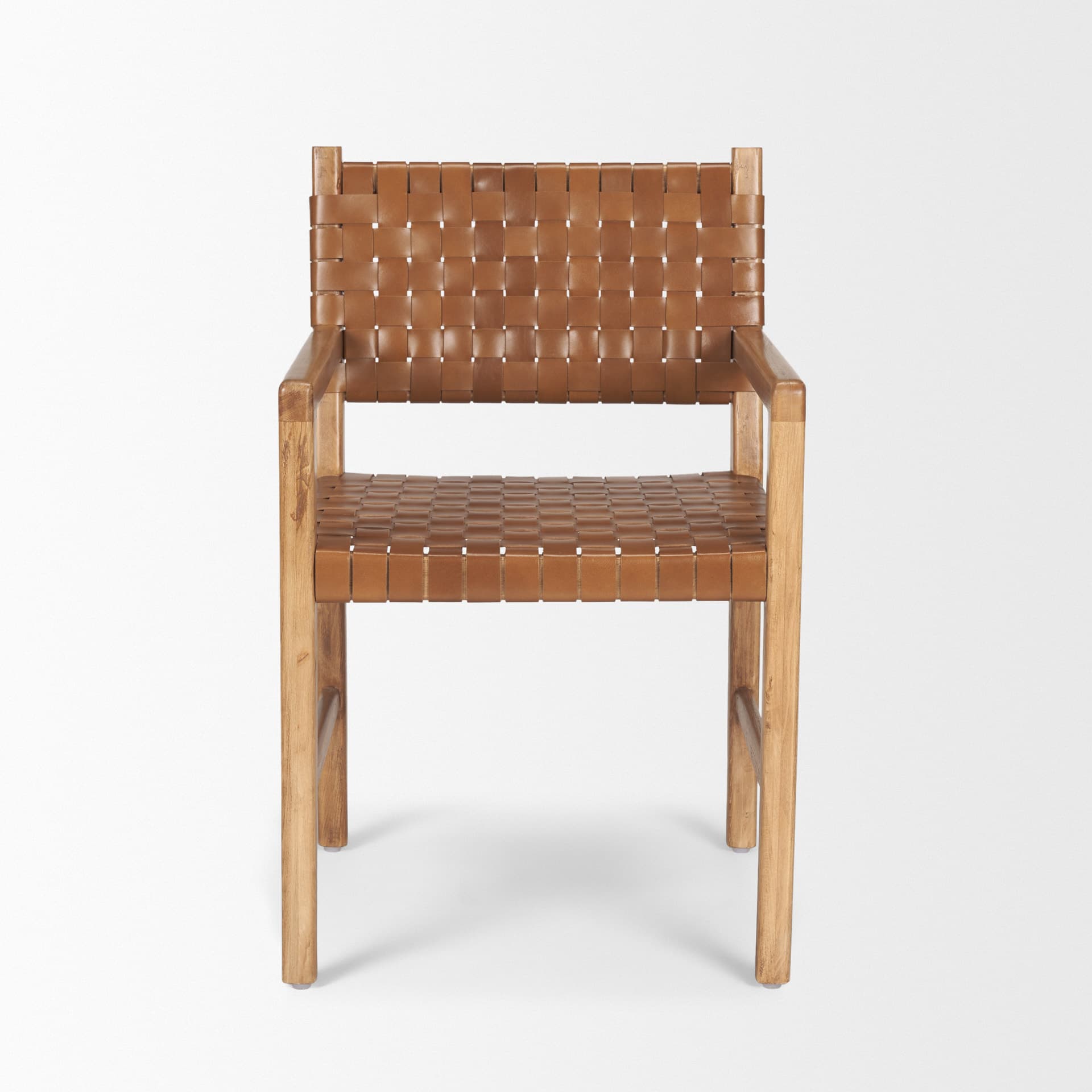 Shane Curved Back Dining Arm Chair | Woven Brown Leather w/ Brown Wood — product photograph