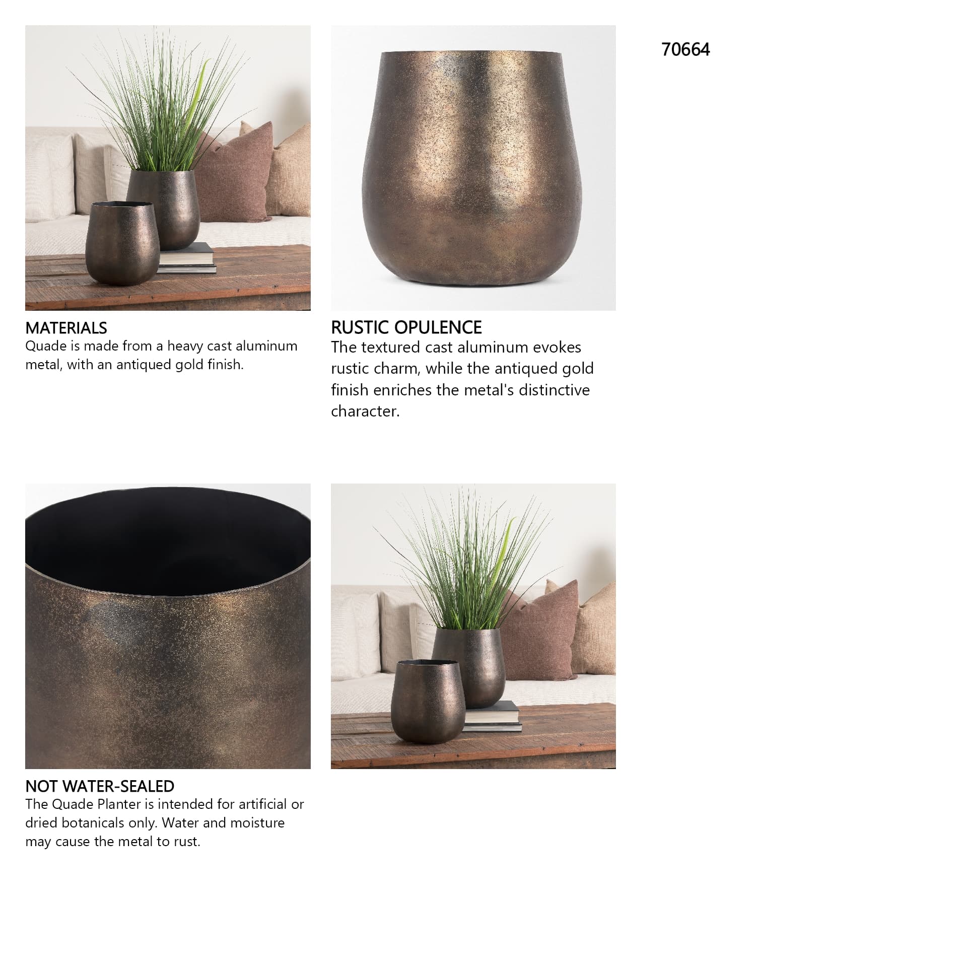 Quade Large Textured Gold Metal Planter — in a styled room