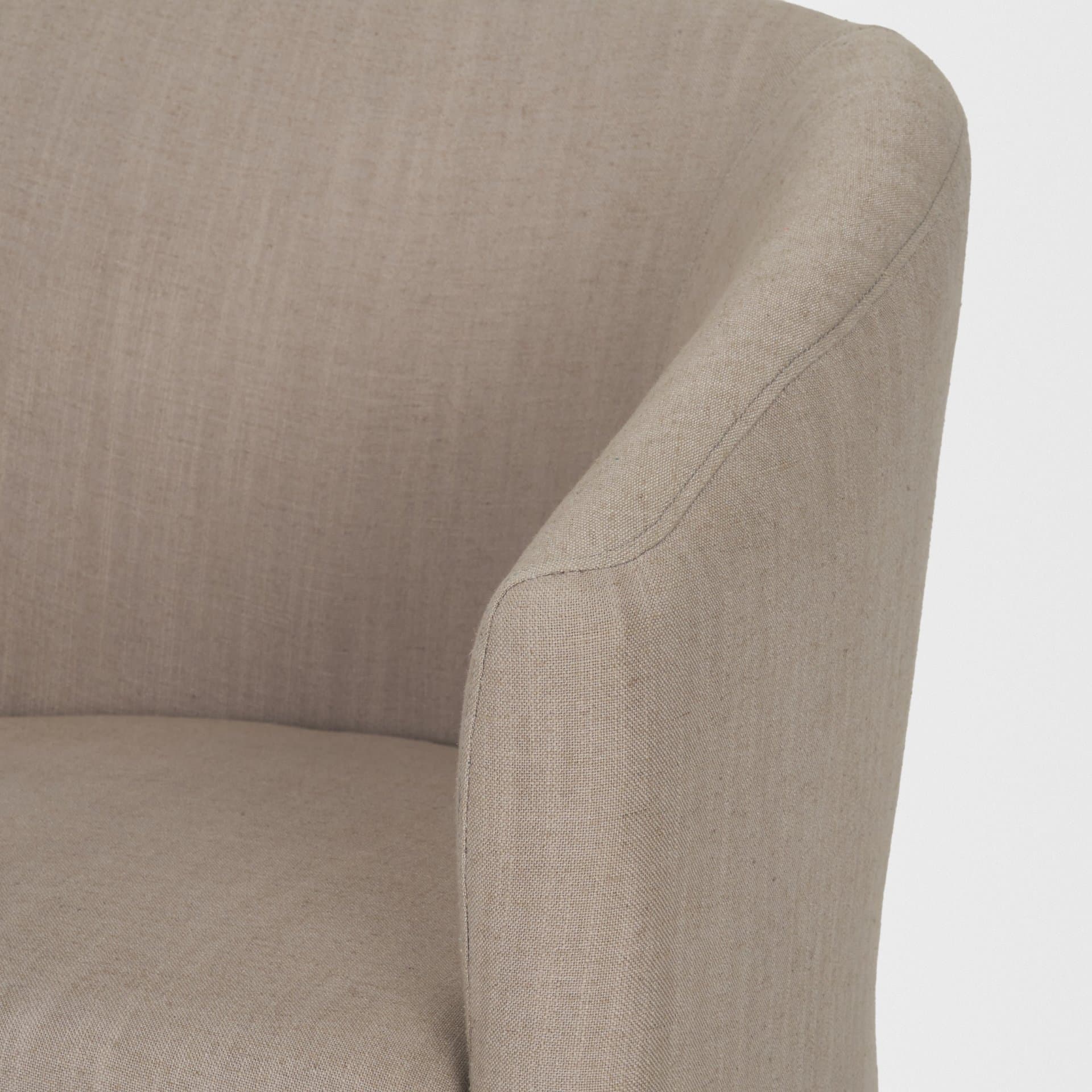 Sondra Barrel Back Dining Arm Chair | Gray Fabric w/ Wood — product photograph