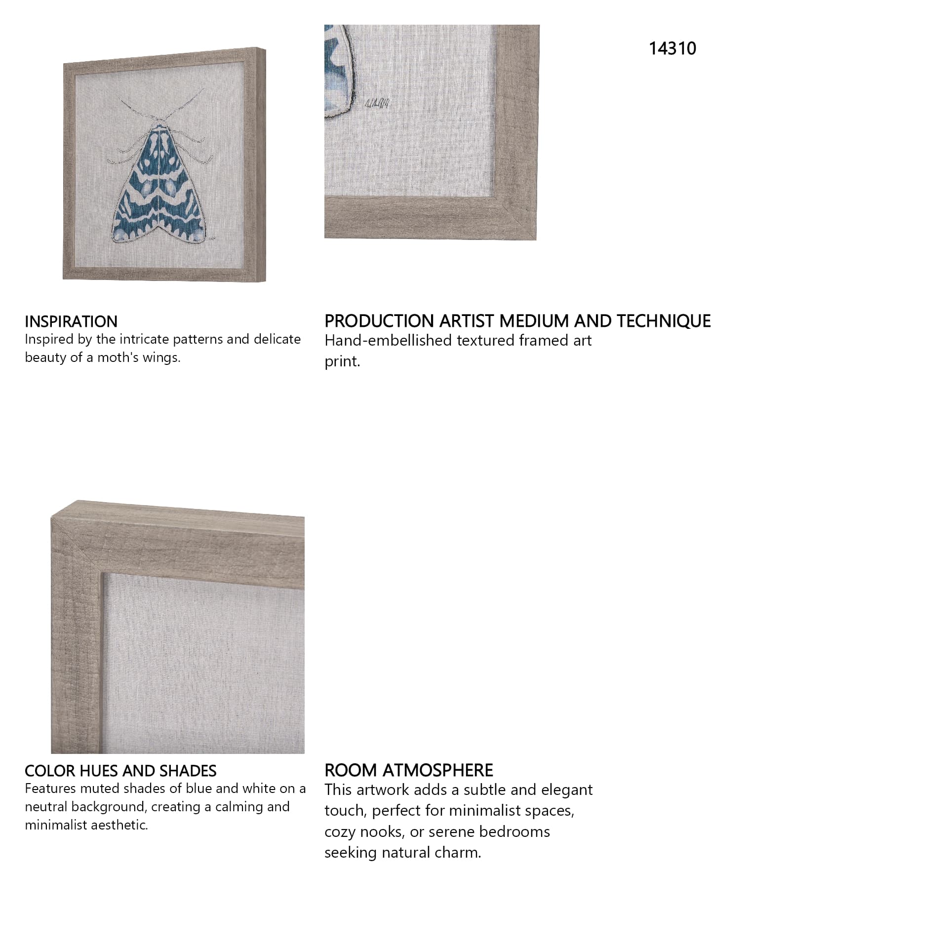 Moth Blue III by Mercana Studio a Hand Embellished Textured Framed Art Print — in a styled room