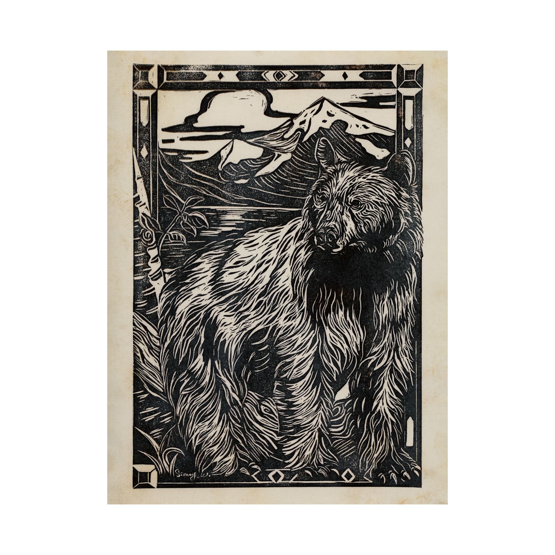 Linocut III (Bear) by Mercana Studio a Hand Embellished Textured Canvas — product photograph