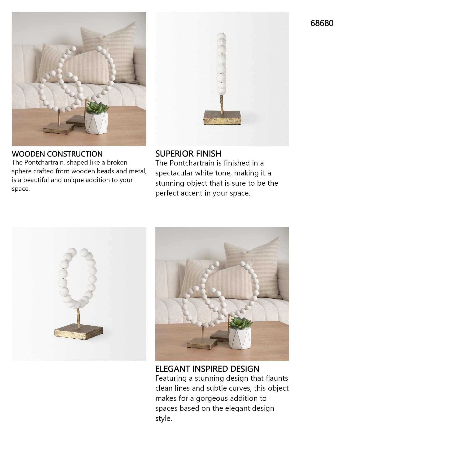 Pontchartrain I (Small) 9L x 5W White Beaded Broken Sphere Decorative Object W/ Gold Base — in a styled room