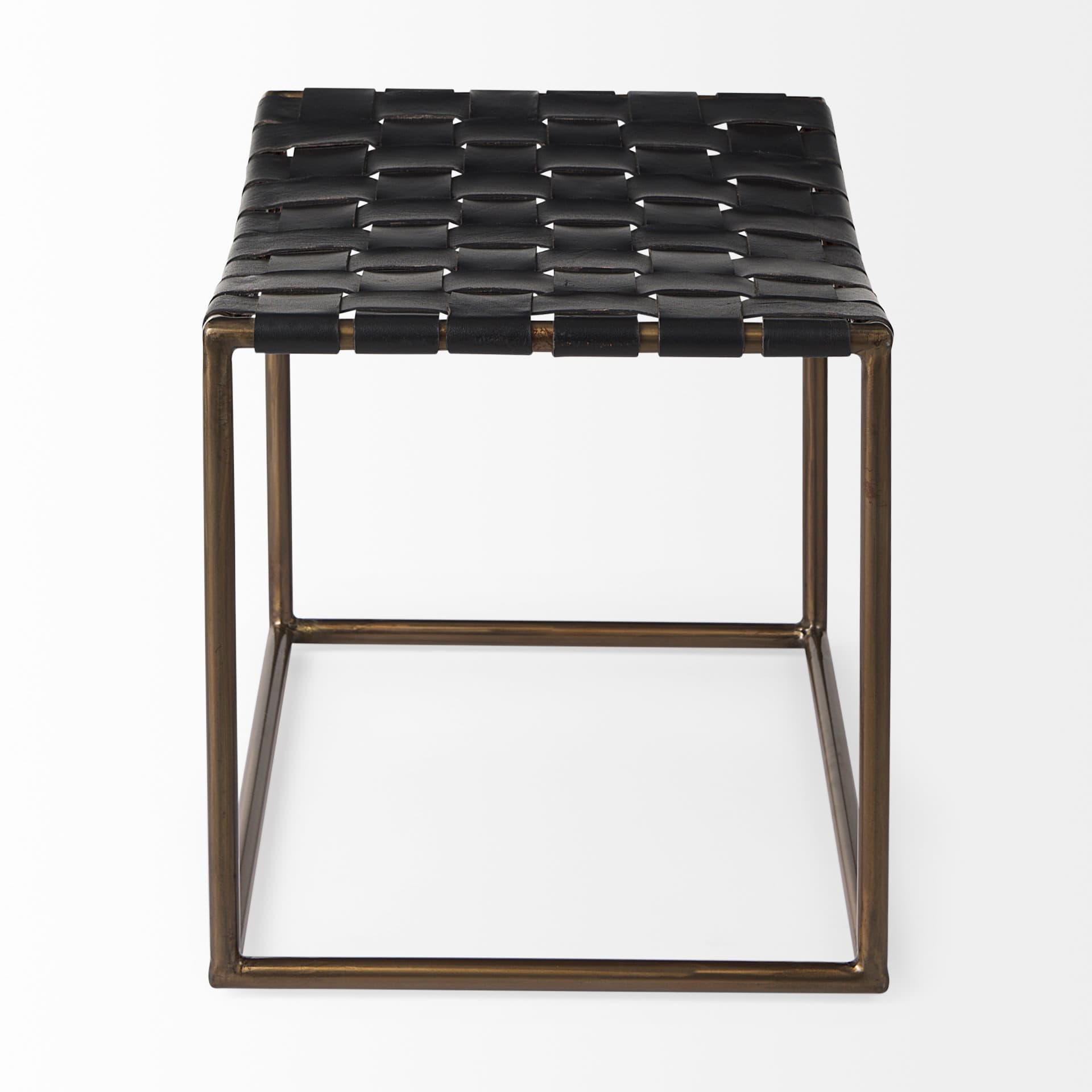 Clarissa 22.0L x 16.0W x 16.75H Black Leather Woven Seat W/ Gold Metal Frame Stool — product photograph