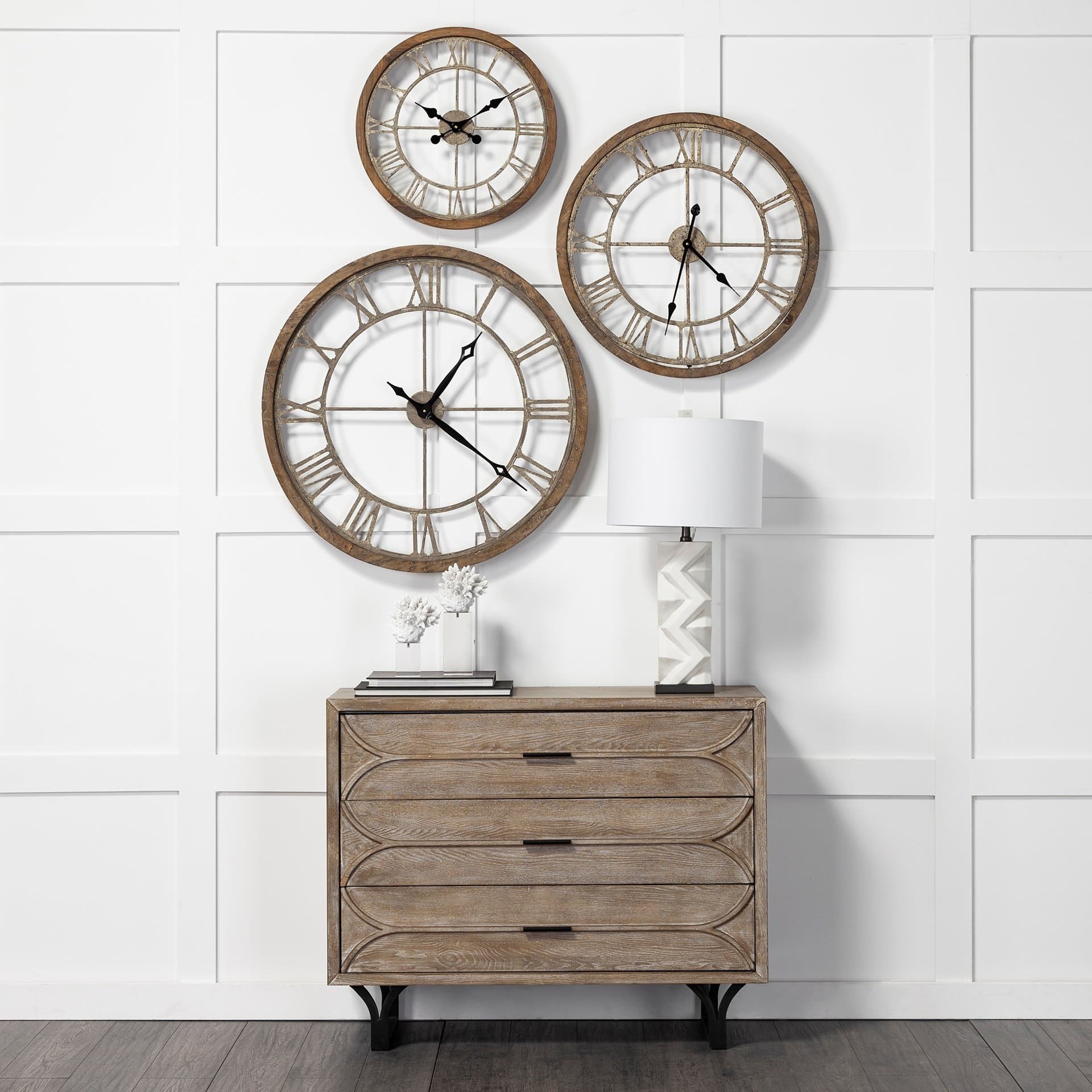 Mething Light Brown 19" Small Farmhouse Wall Clock — in a styled room