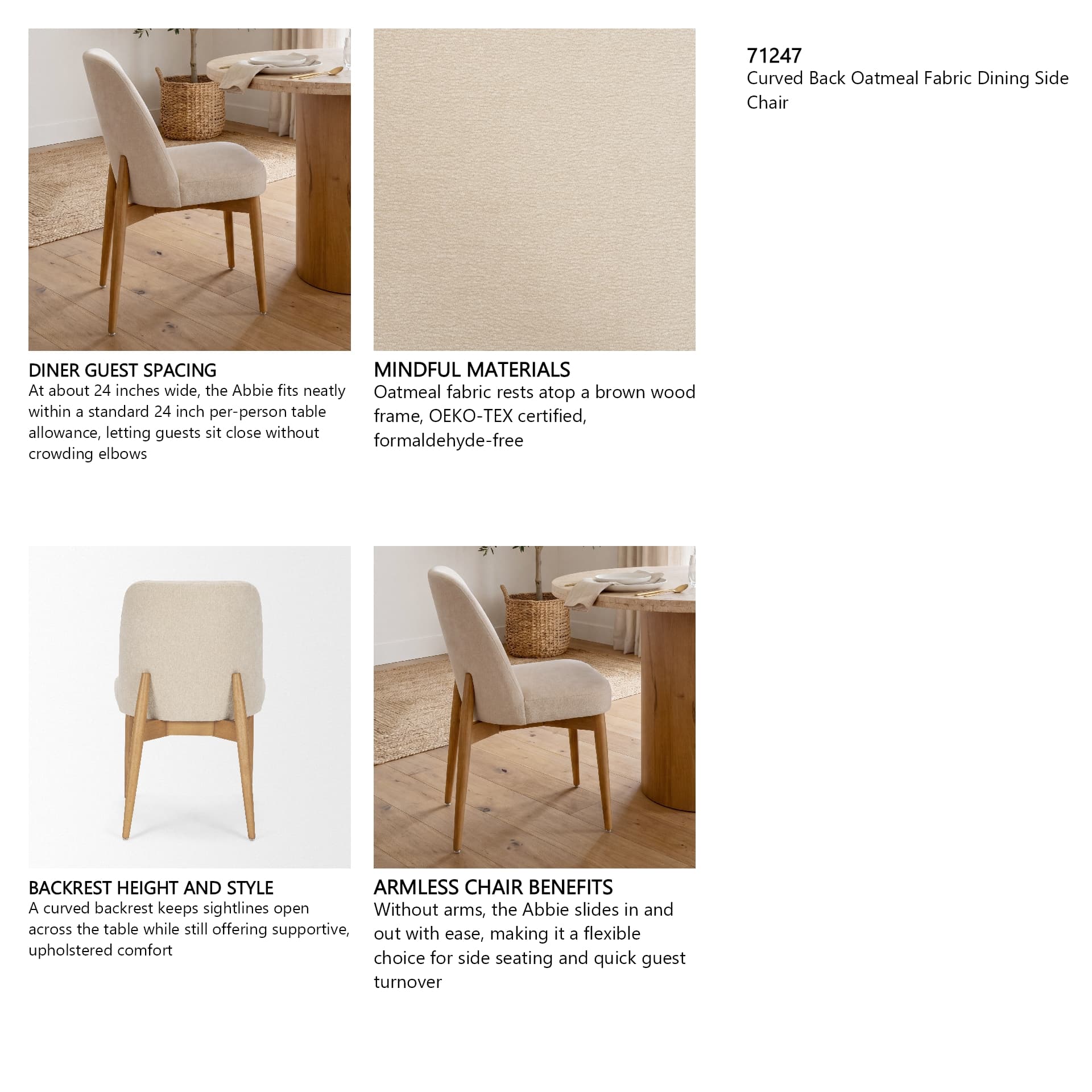 Abbie Curved Back Dining Side Chair | Oatmeal Fabric w/ Brown Wood — in a styled room