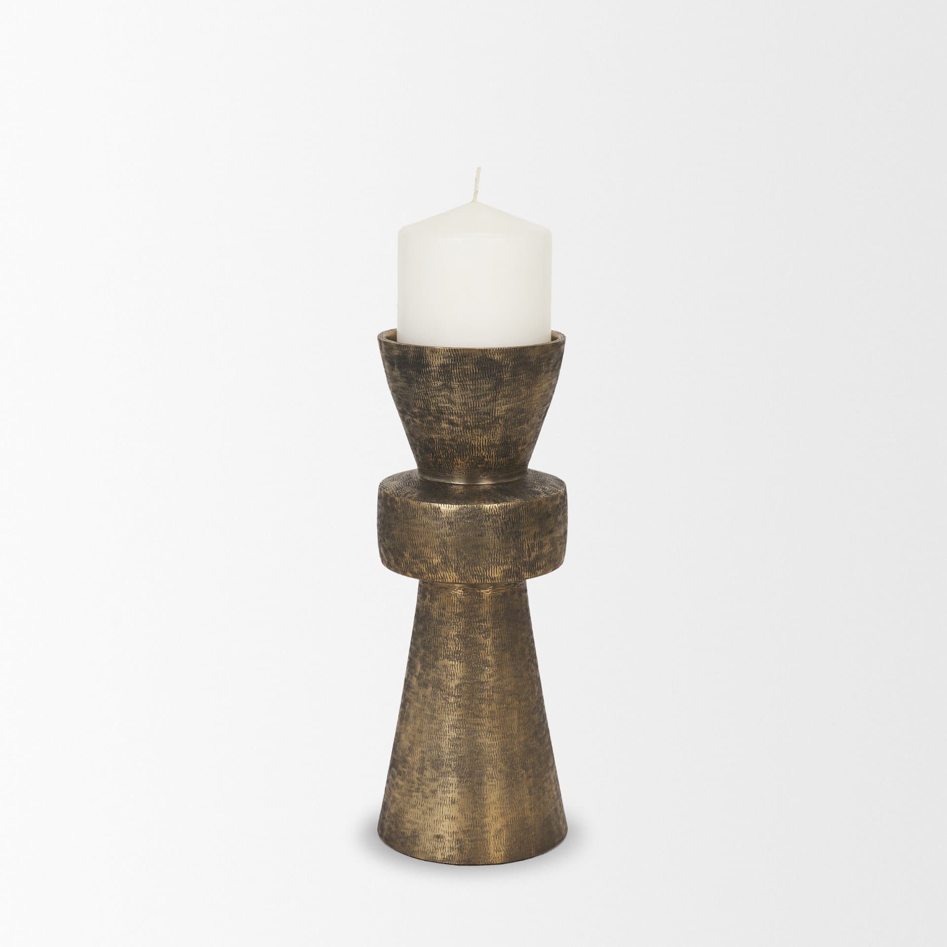 Odilia Small Textured Antiqued Gold Metal Geometric Pillar Candle Holder — product photograph