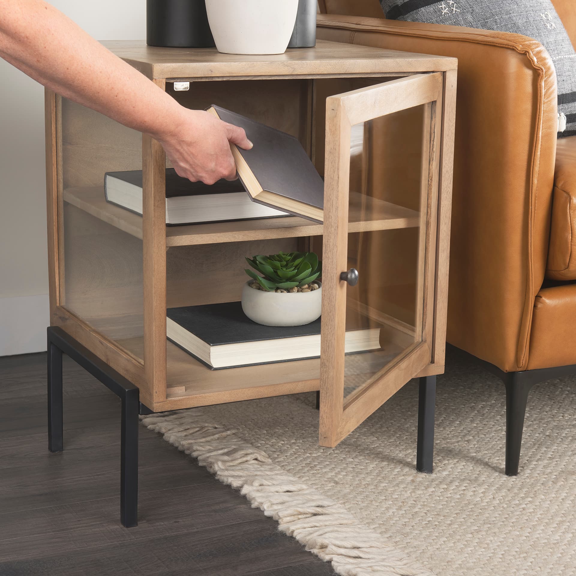 Arelius 20L x 18W x 26H Light Brown Wood W/ Black Metal Frame End/Side Table — product photograph