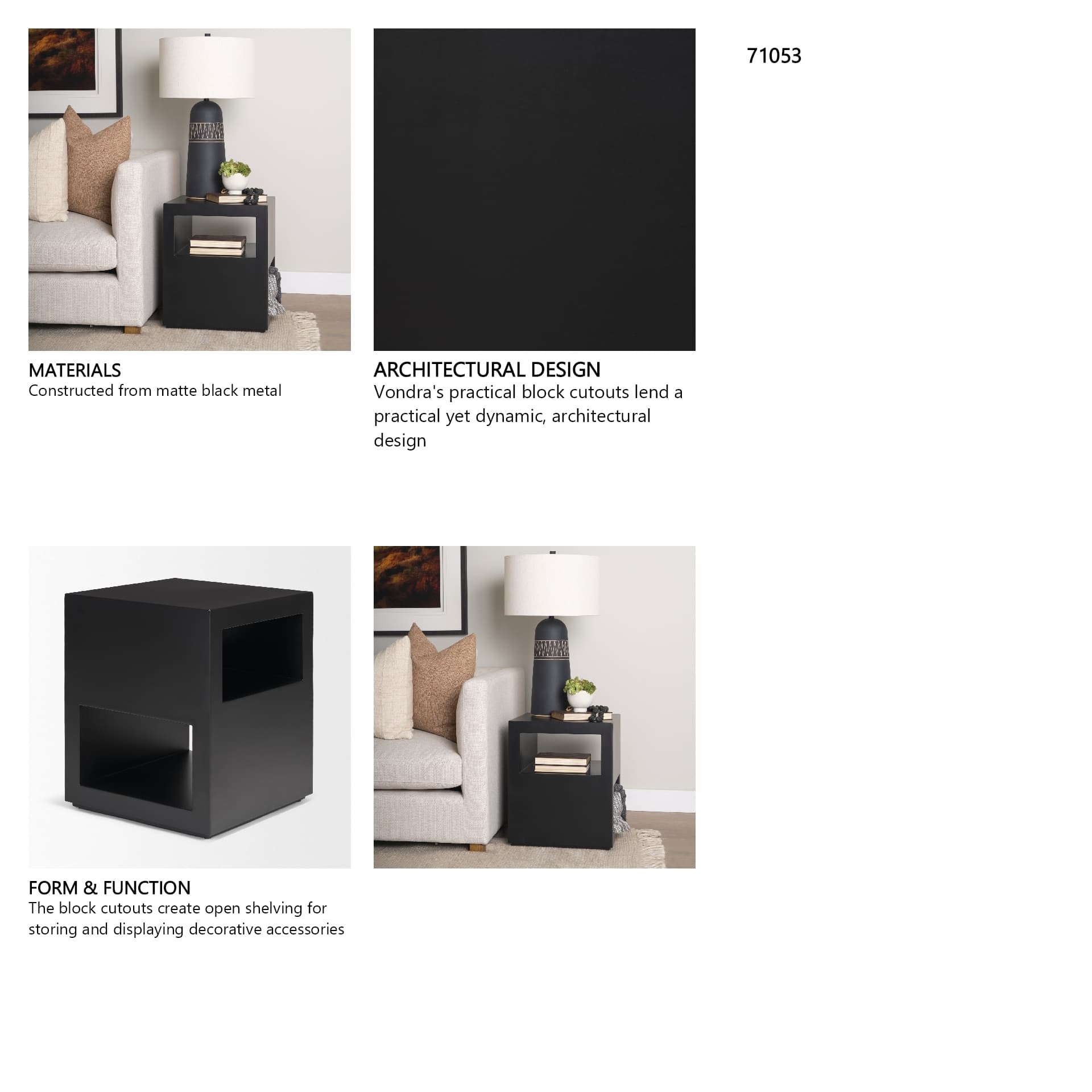 Vondra Matte Black Metal w/ Open Shelves Side table — in a styled room