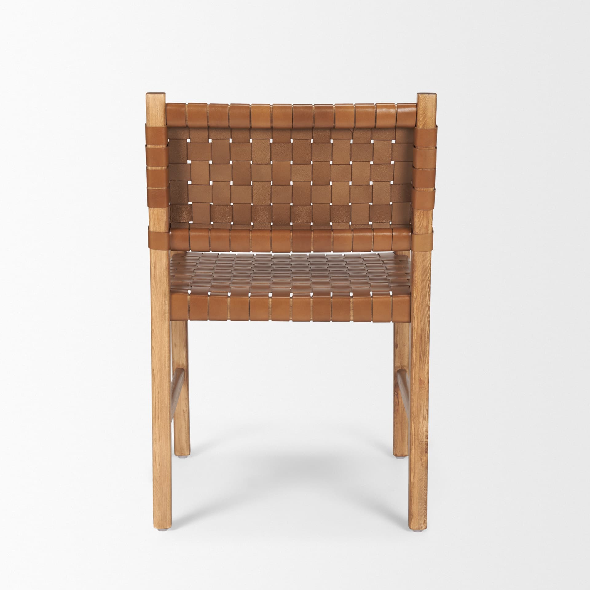 Shane Curved Back Dining Arm Chair | Woven Brown Leather w/ Brown Wood — product photograph