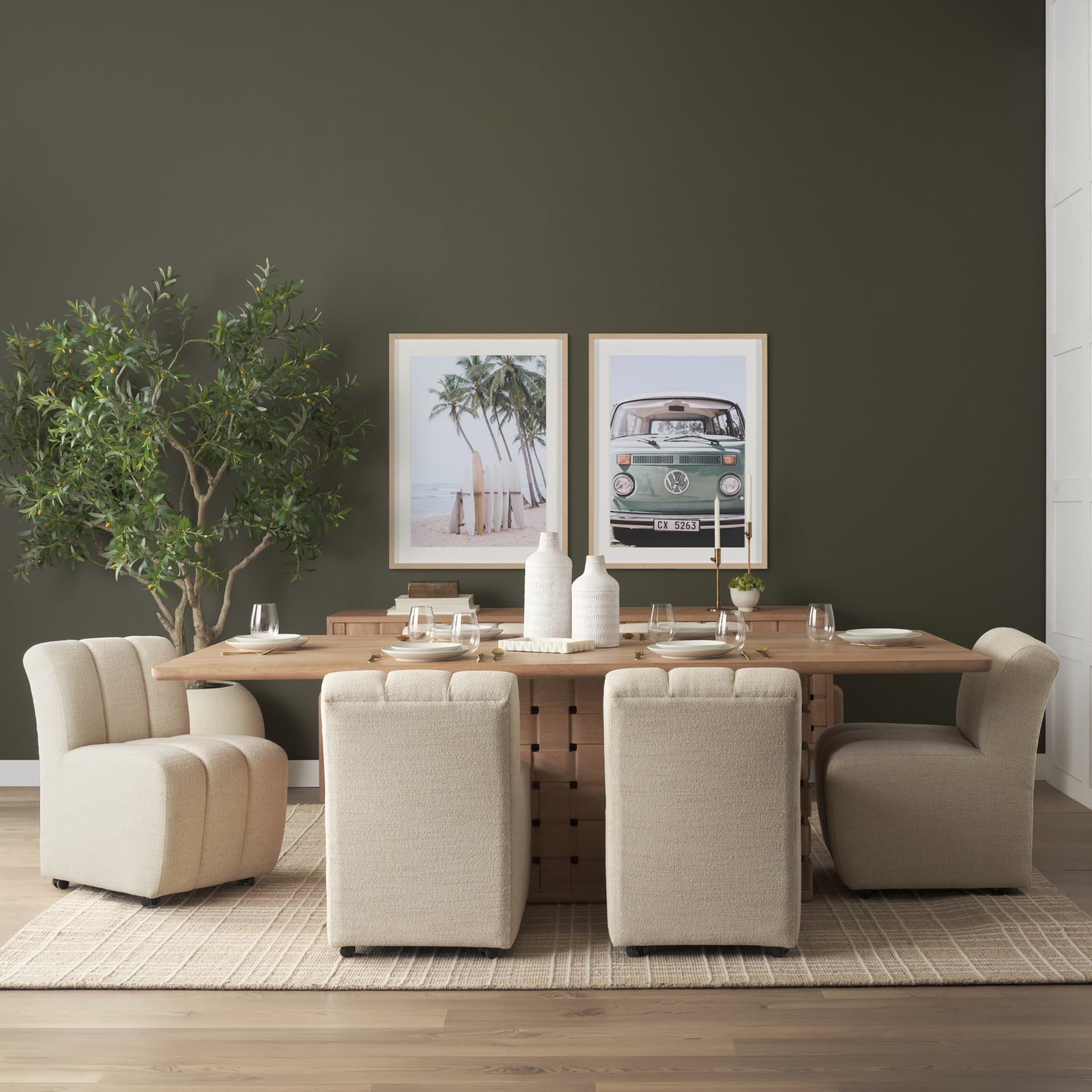 Wilkins Barrel Back Dining Arm Chair | Beige Fabric w/ Wood — product photograph