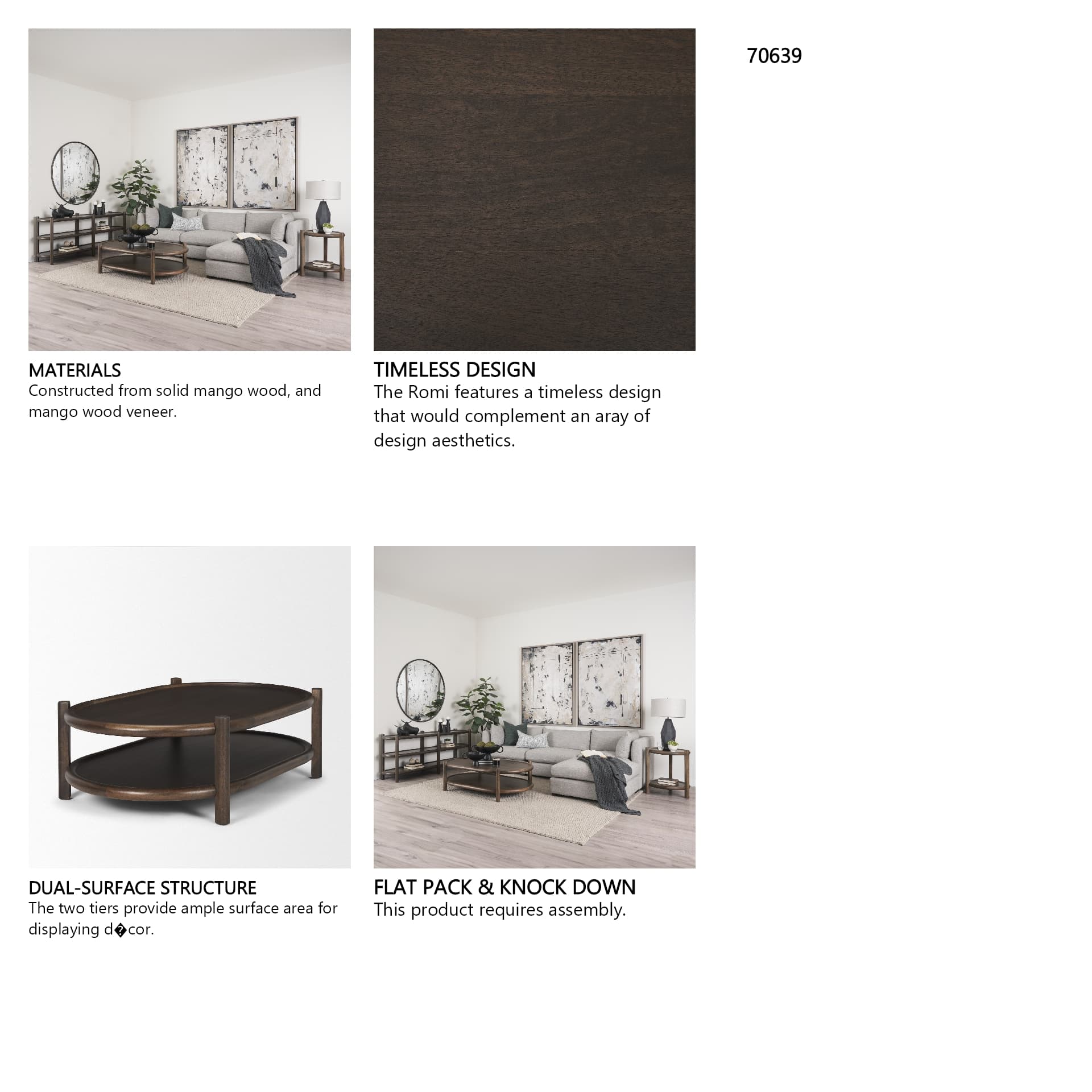 Romi Dark Brown Wood w/ Bottom Shelf Oval Coffee Table — in a styled room
