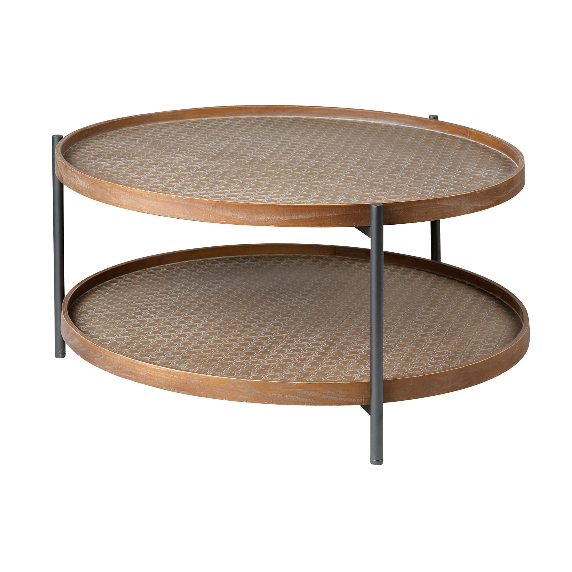 Kade 33" Round Brown Table Gray Metal Frame Two-Tier Coffee Table — product photograph
