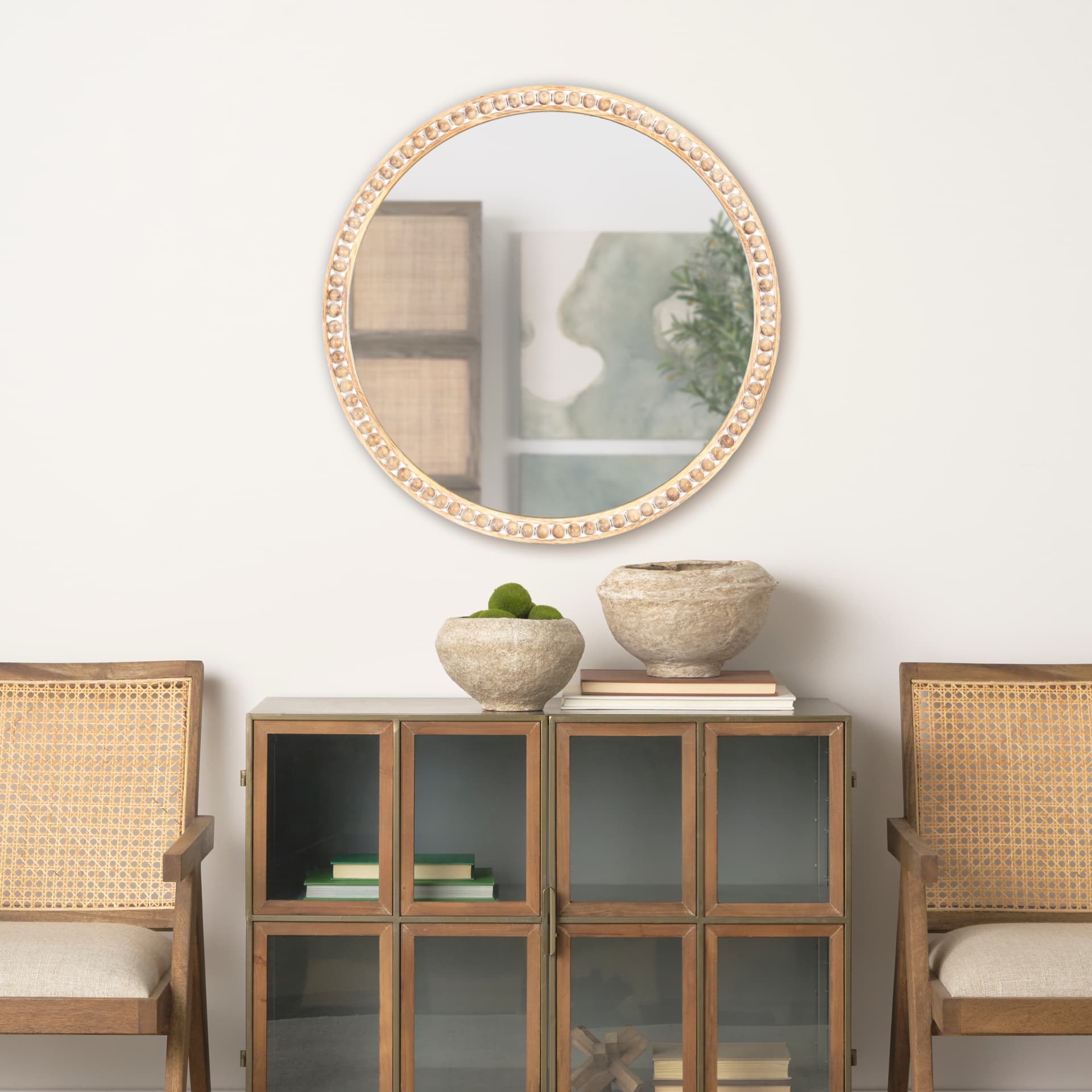Roan Light Brown Wood Beaded Wall Mirror — in a styled room
