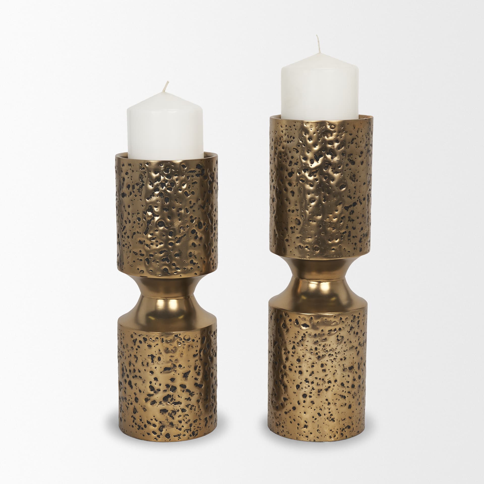 Akira Small Hammered Gold Metal Pillar Candle Holder — product photograph