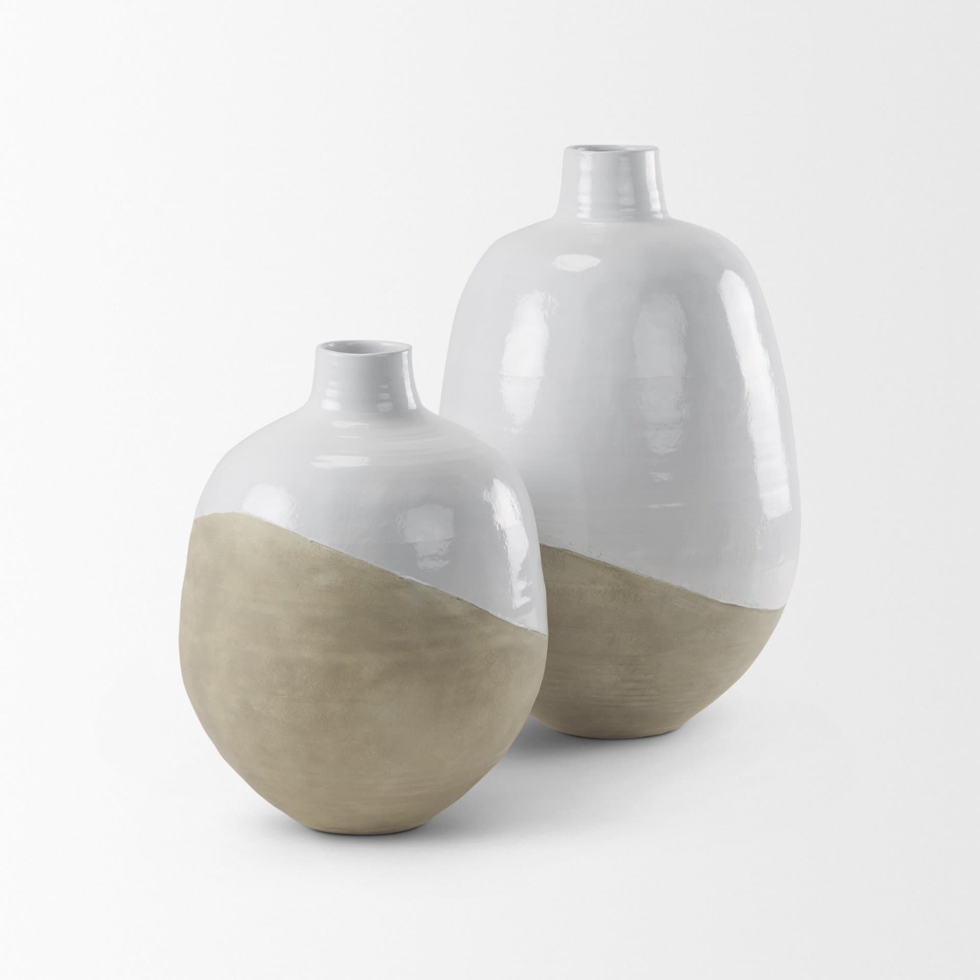 Amos 18.5L x 18.5W x 24.4H White and Dark Beige Color Blocked Ceramic Floor Vase — product photograph