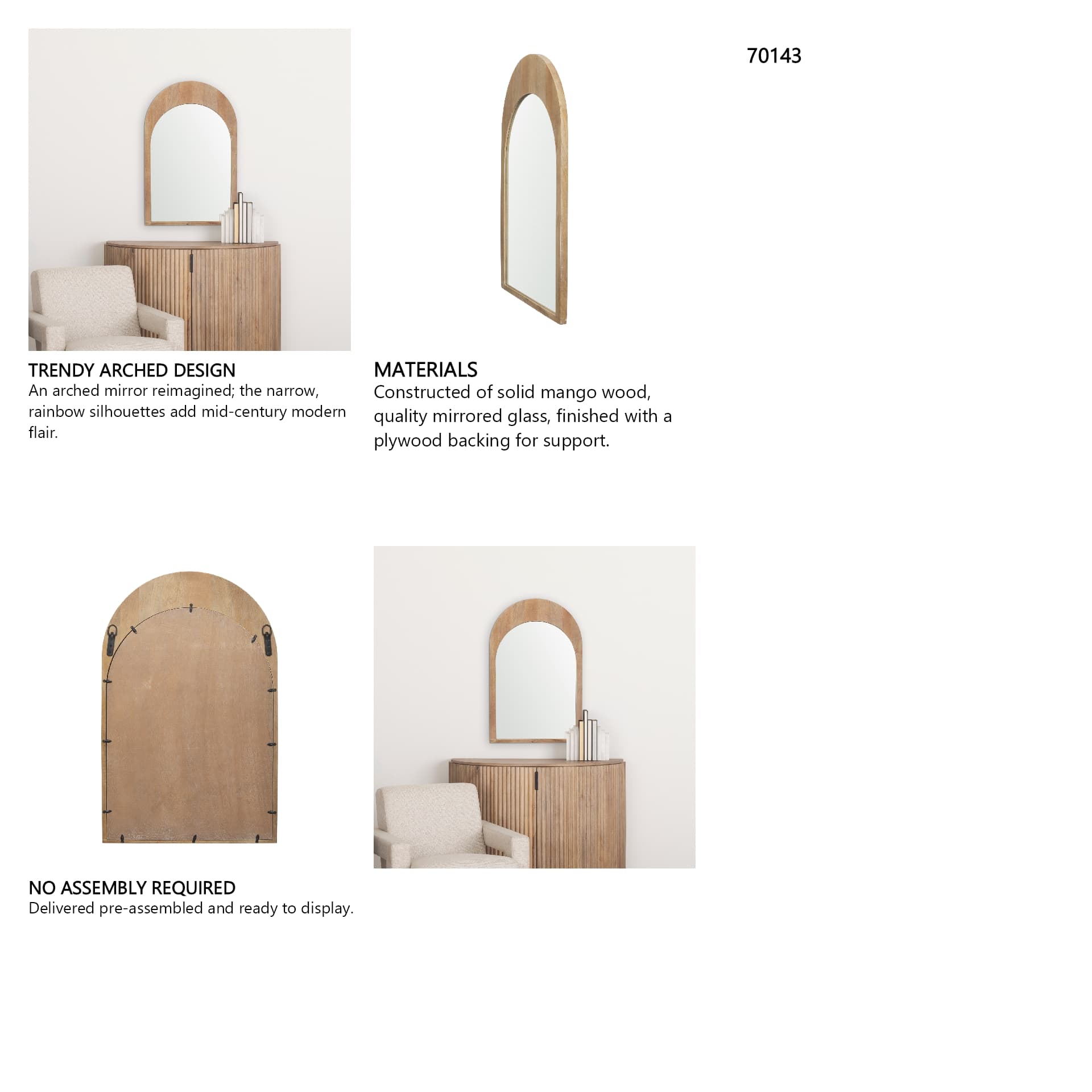 Celeste Light Brown Wood Arched Mirror — in a styled room