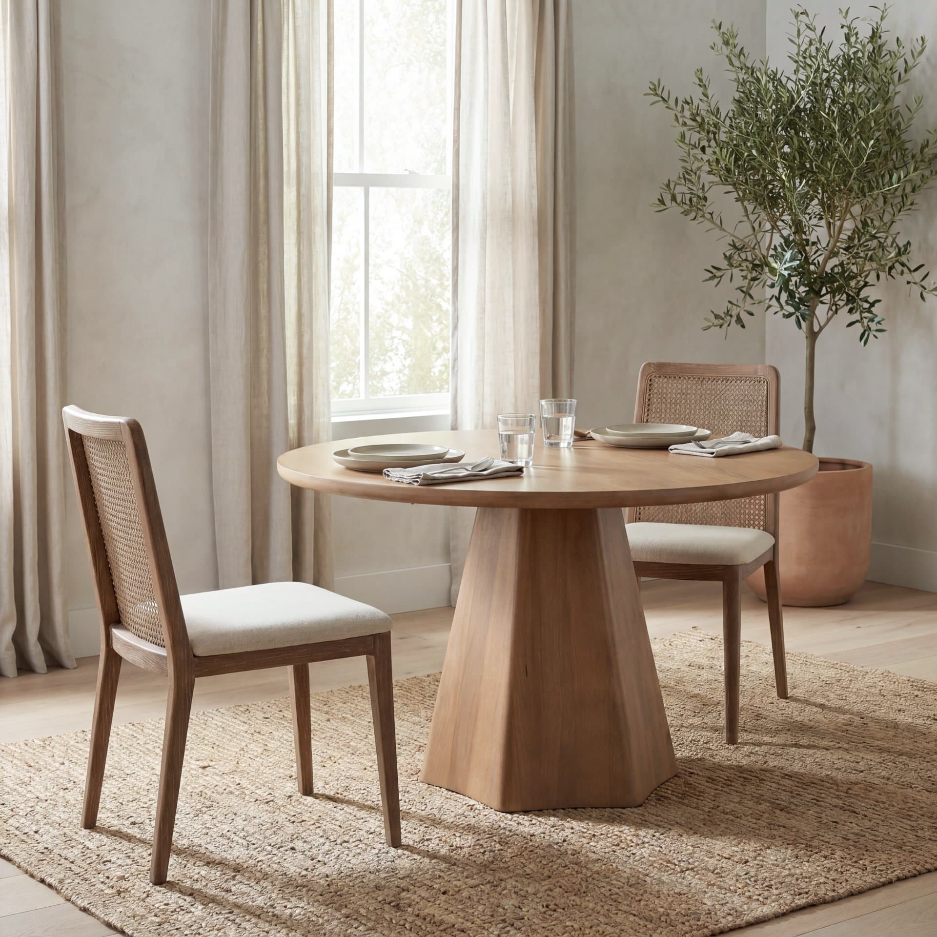 Clara Cane Back Dining Side Chair | Cream Fabric w/ Brown Wood — product photograph