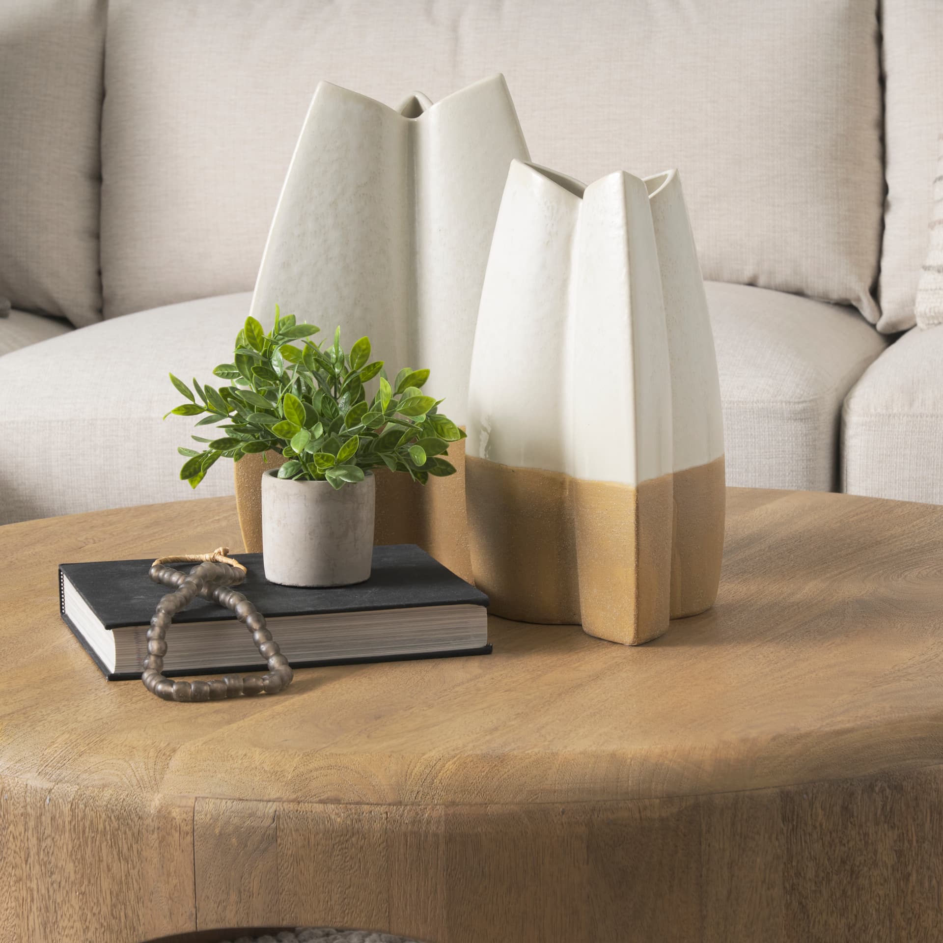 Vania Large Off White w/ Tan Textured Ceramic Vase — in a styled room
