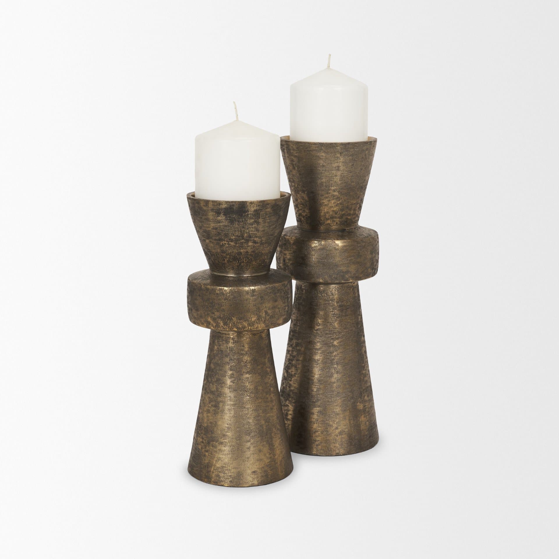 Odilia Large Textured Antiqued Gold Metal Geometric Pillar Candle Holder — product photograph