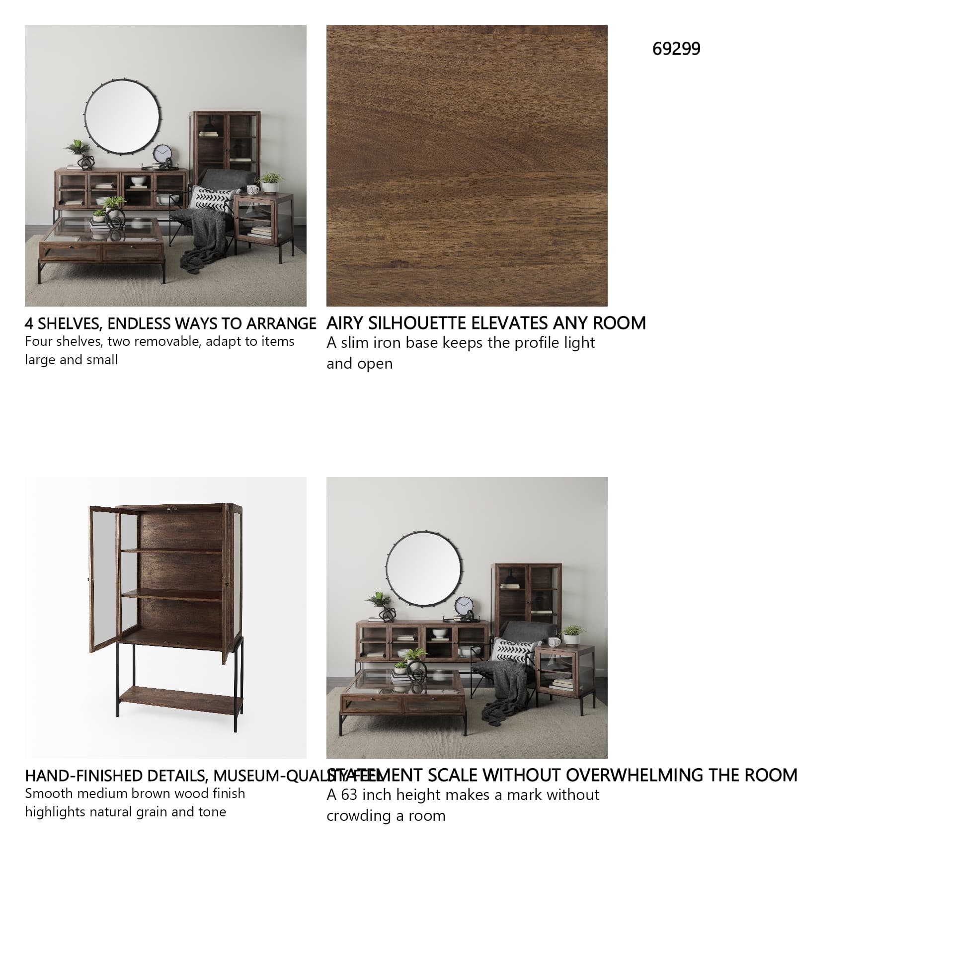 Arelius 36L x 18.75W x 63H Medium Brown Wood W/ Black Metal Base Display Cabinet — in a styled room