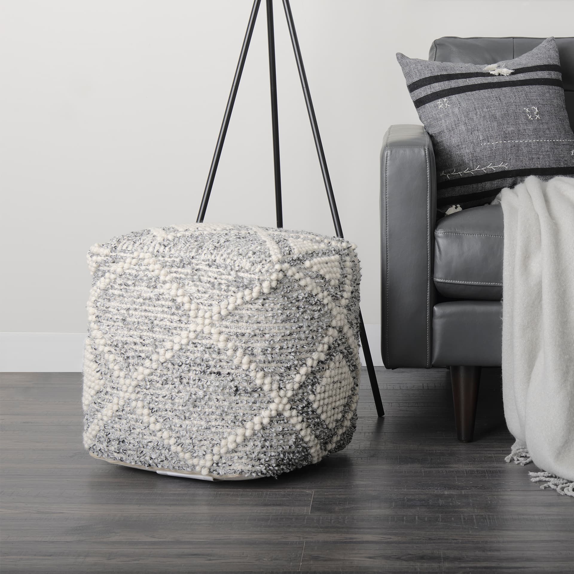 Ekiya 16.0L x 16.0W x 16.0H Black/White Yarn and Wool Patterened Pouf — product photograph
