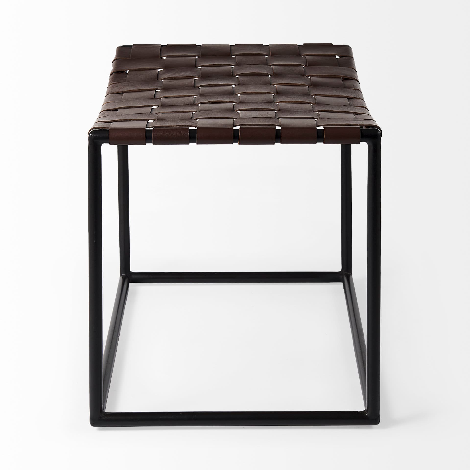 Clarissa 22.0L x 16.0W x 16.5H Brown Leather Woven Seat W/ Black Metal Frame Stool — product photograph