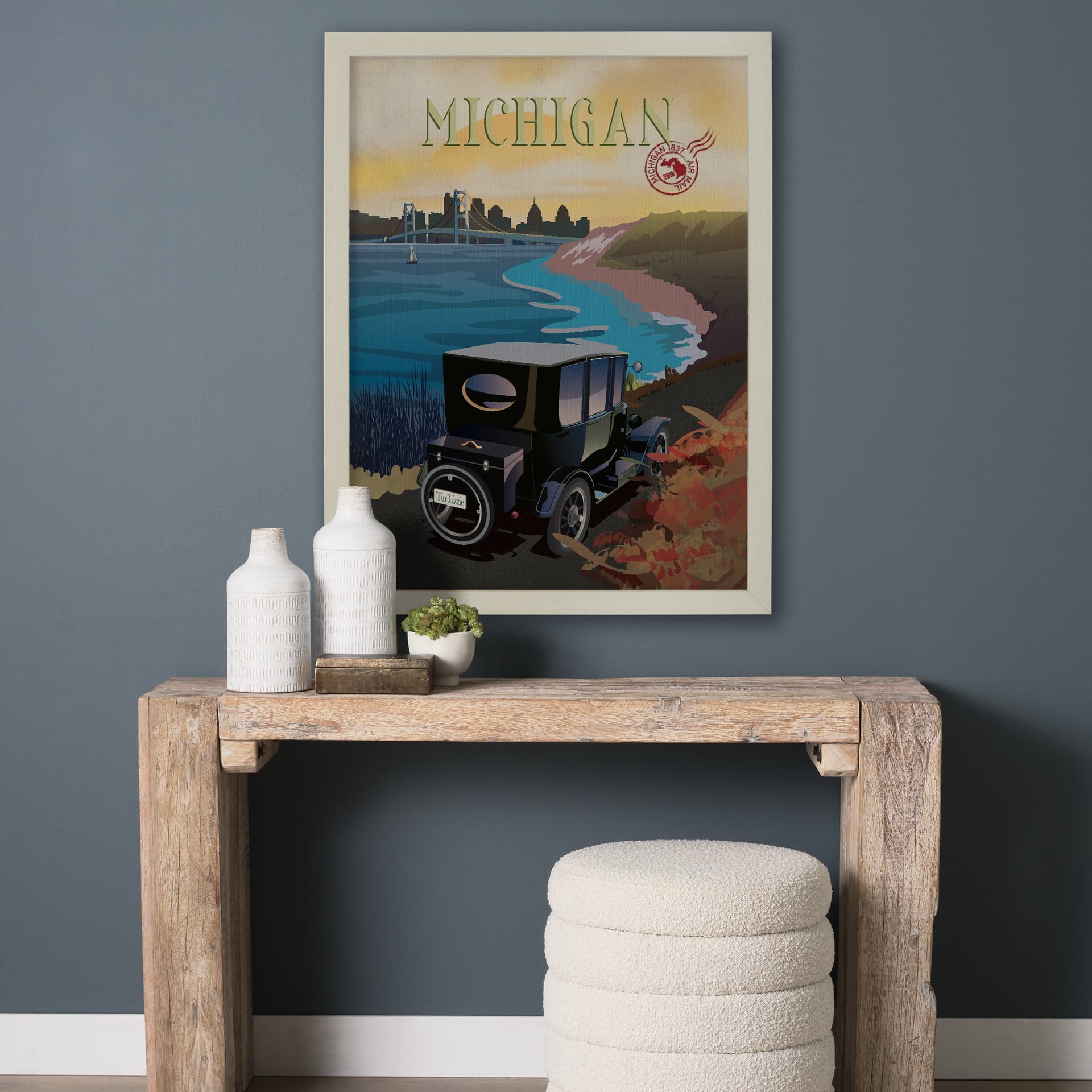 Michigan Go USA (L) by Mercana Studio a Hand Embellished Decograph Framed Art Print — in a styled room