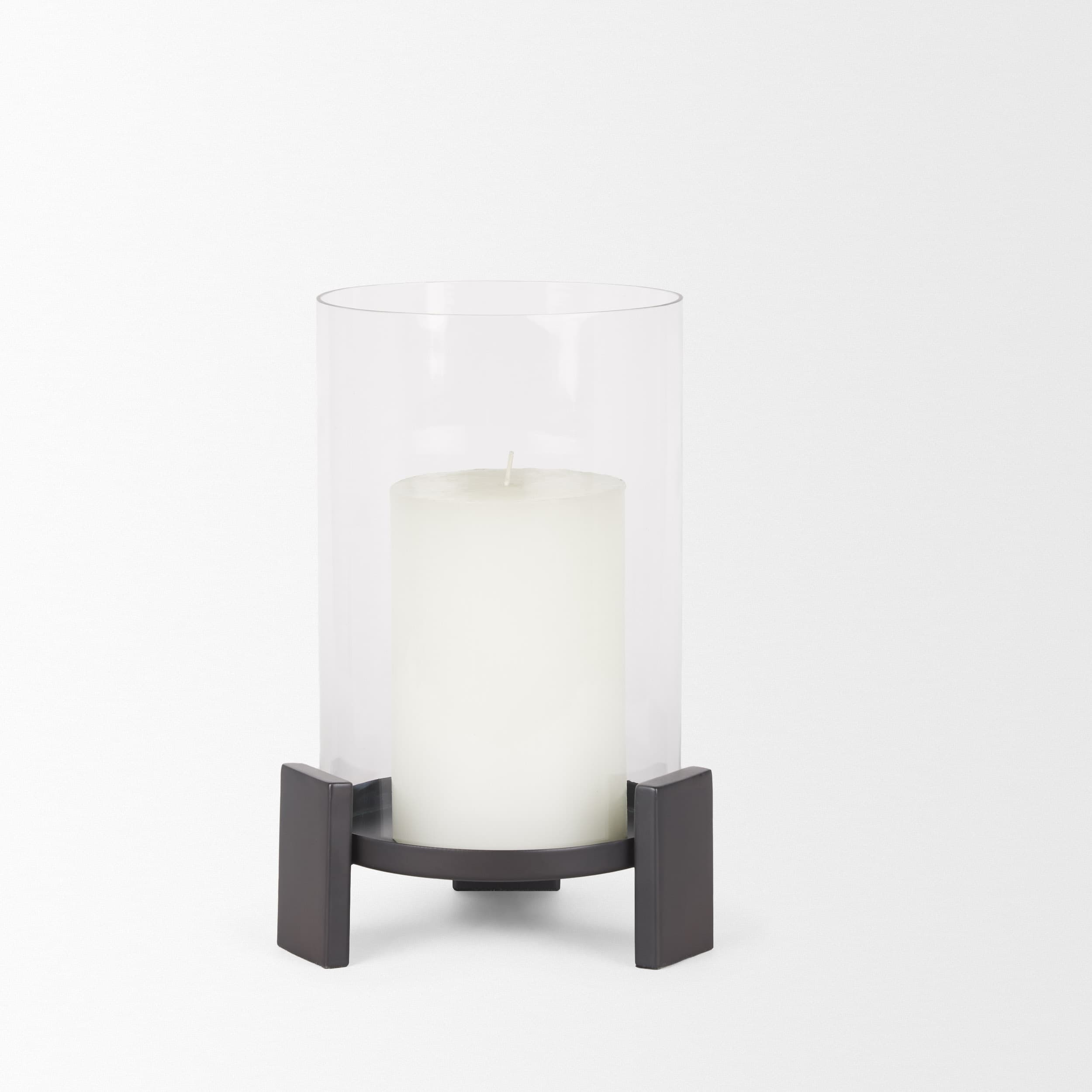 Price Small Matte Black-Brown Metal w/ Glass Hurricane Candle Holder — product photograph