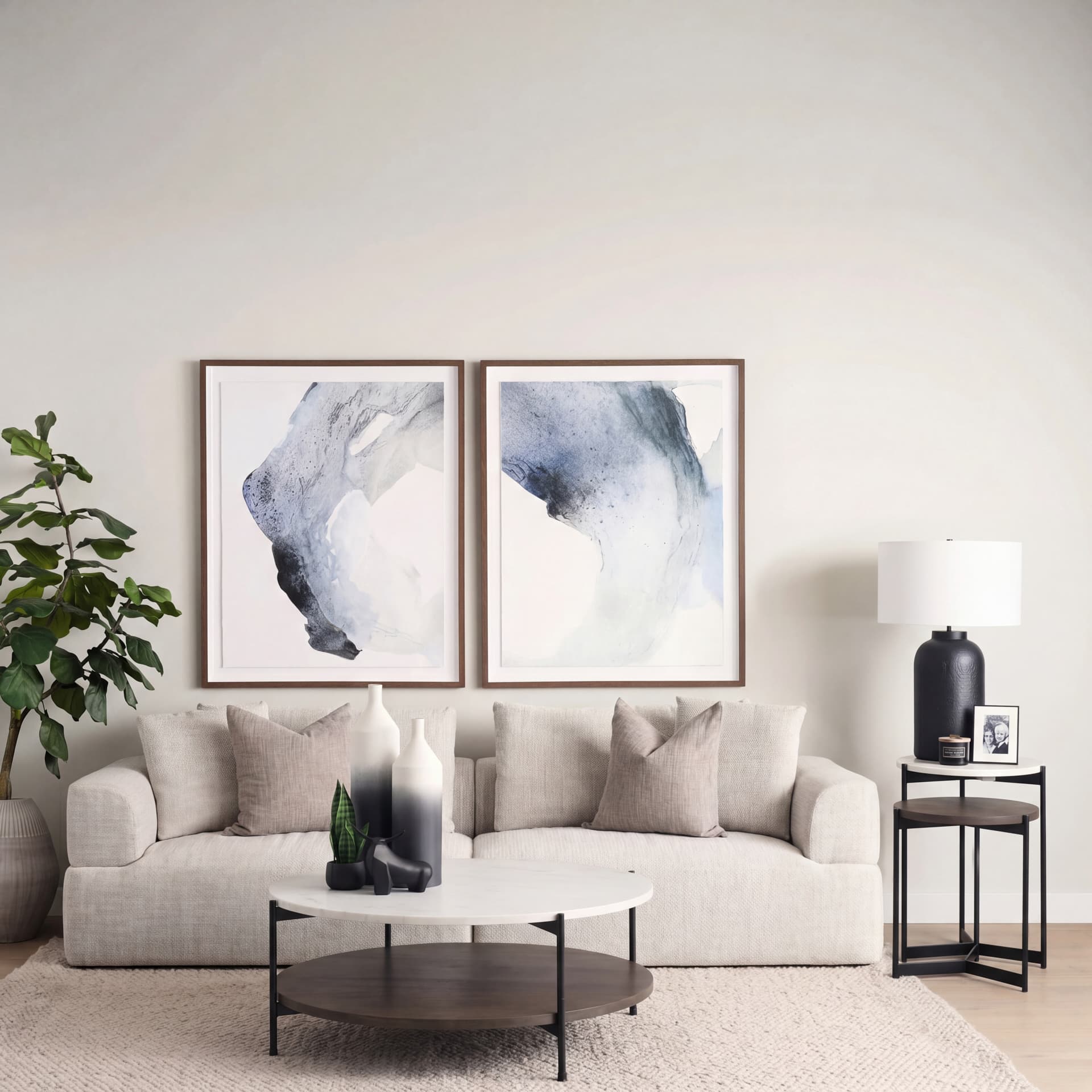 Larkin Marble & Dark Brown Wood Tabletop Nesting End/Side Tables — in a styled room